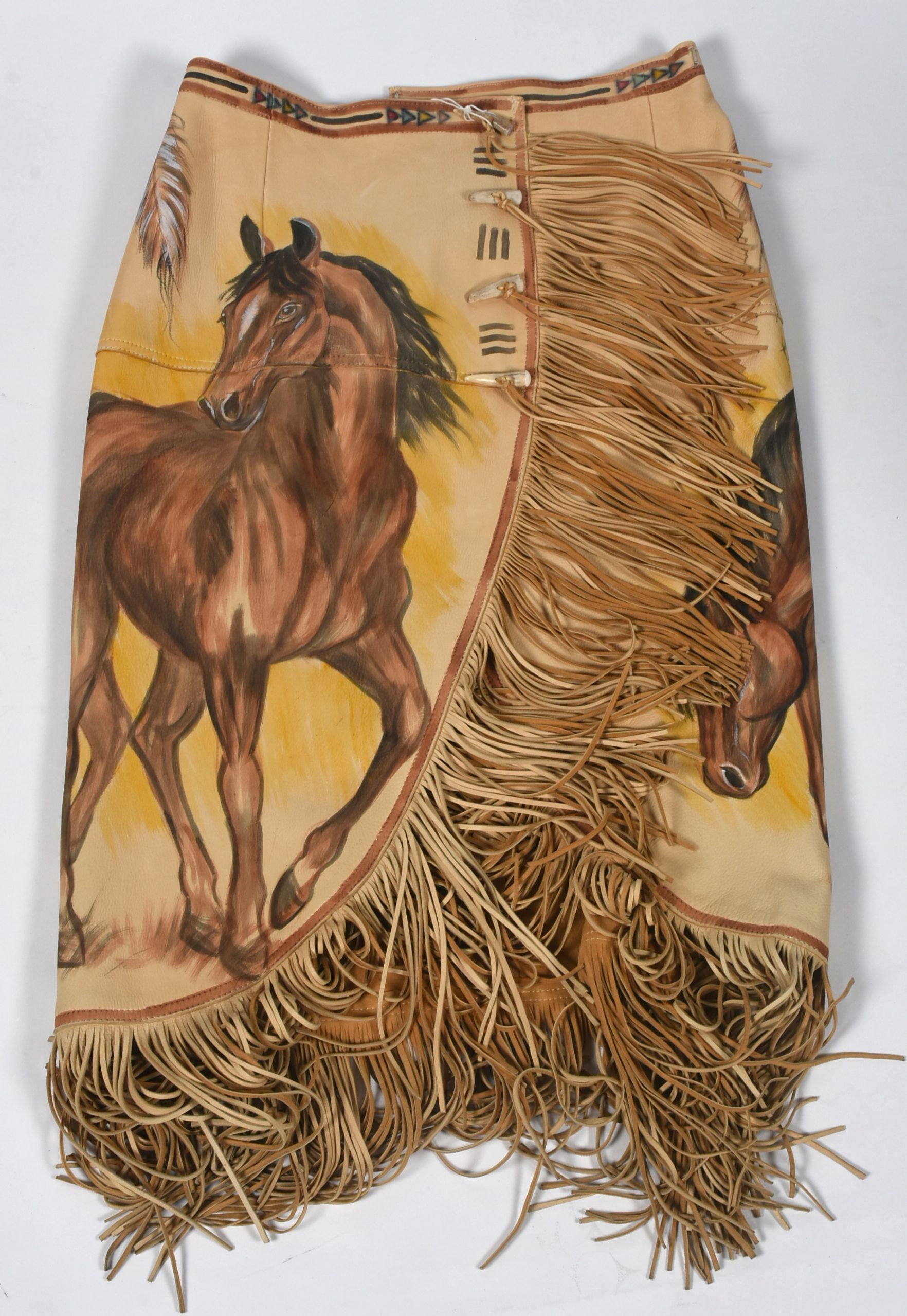 Good Medicine Collection Hand Painted Deer Skin Leather Ensemble in a Southwestern Motif with Fringe