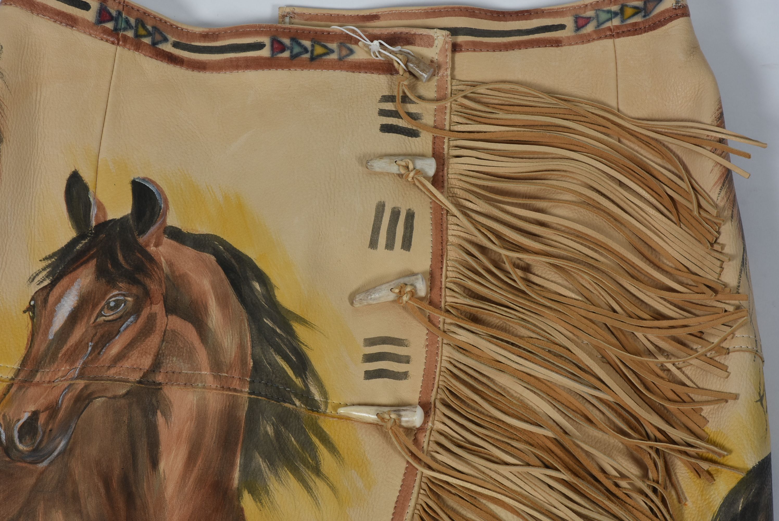 Good Medicine Collection Hand Painted Deer Skin Leather Ensemble in a Southwestern Motif with Fringe