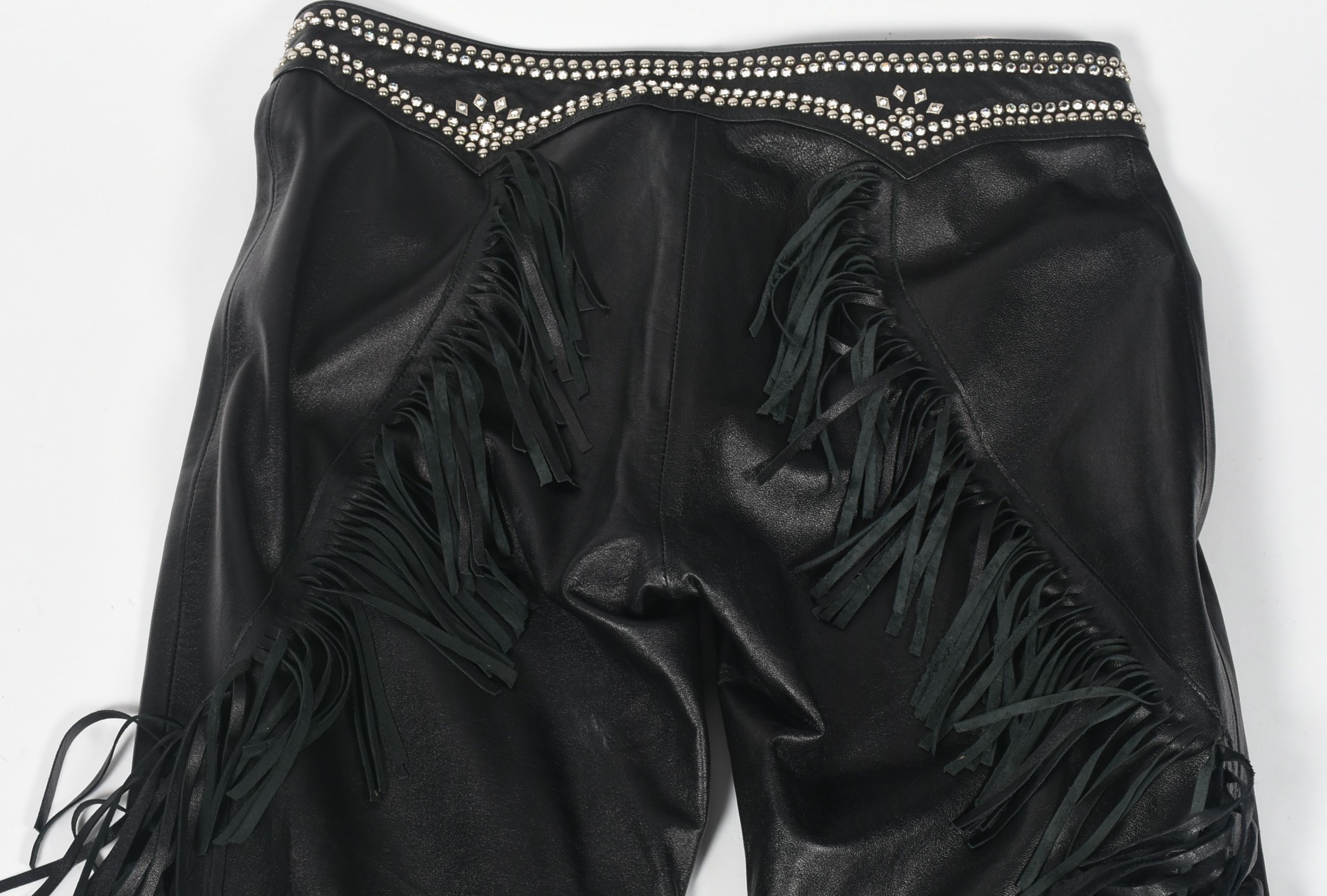 Kippy's of California Black Leather Embellished Motorcycle Pants with Fringe
