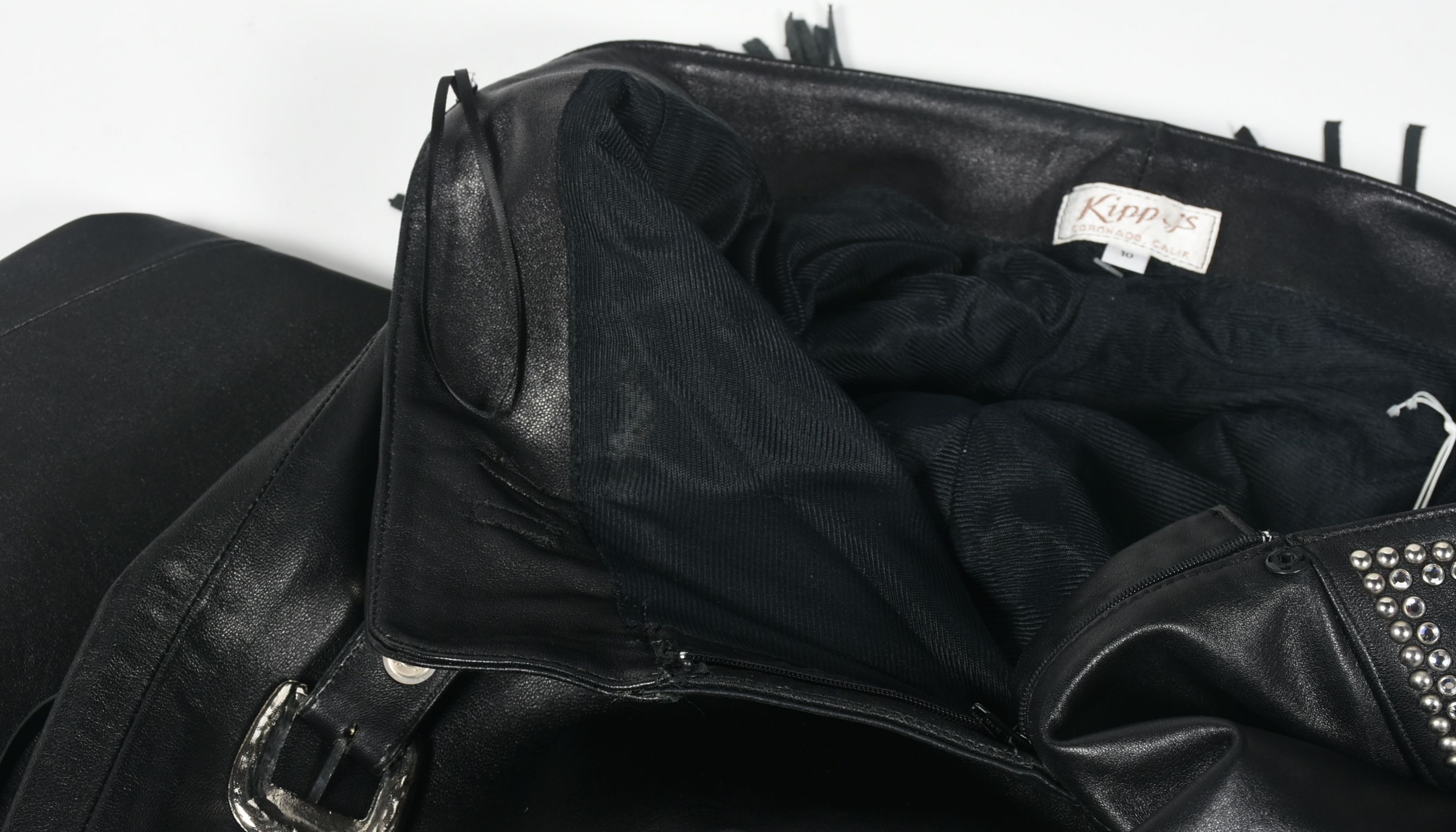 Kippy's of California Black Leather Embellished Motorcycle Pants with Fringe