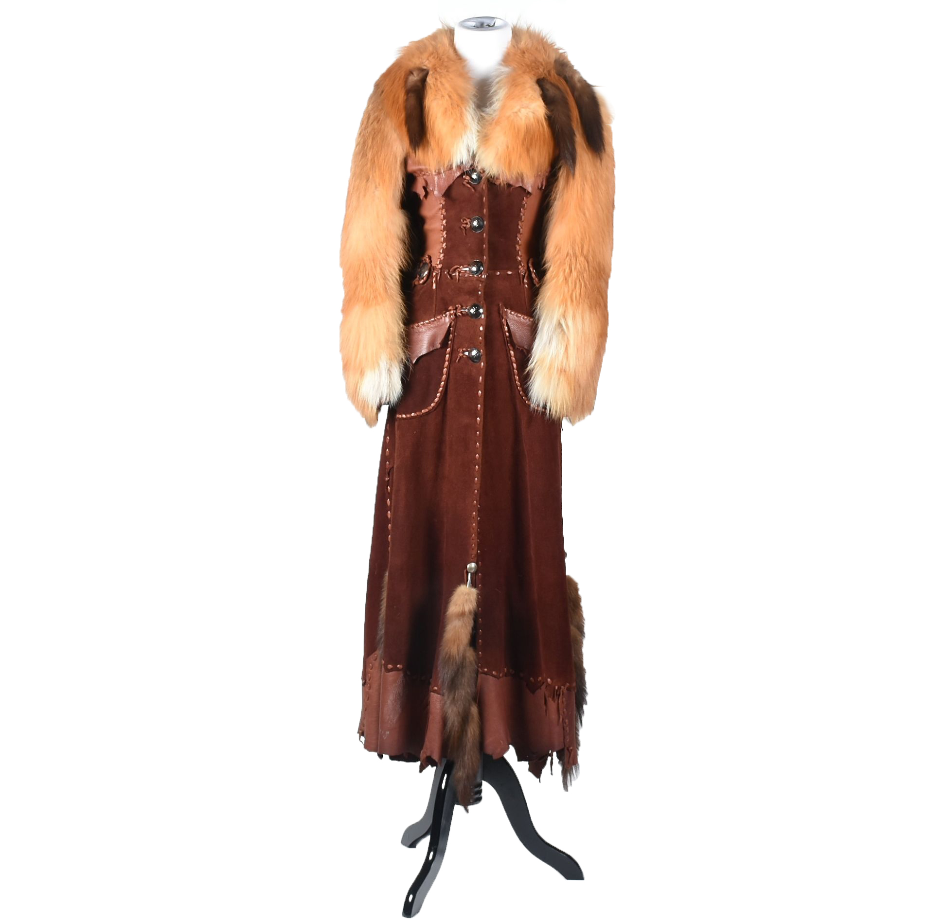70s Vintage Gary Saxe Custom Made Suede, Leather and Dyed Fox Fur Coat Embellished with Beads