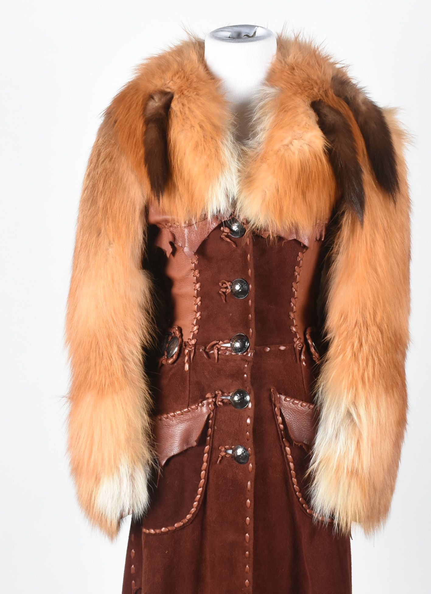 70s Vintage Gary Saxe Custom Made Suede, Leather and Dyed Fox Fur Coat Embellished with Beads