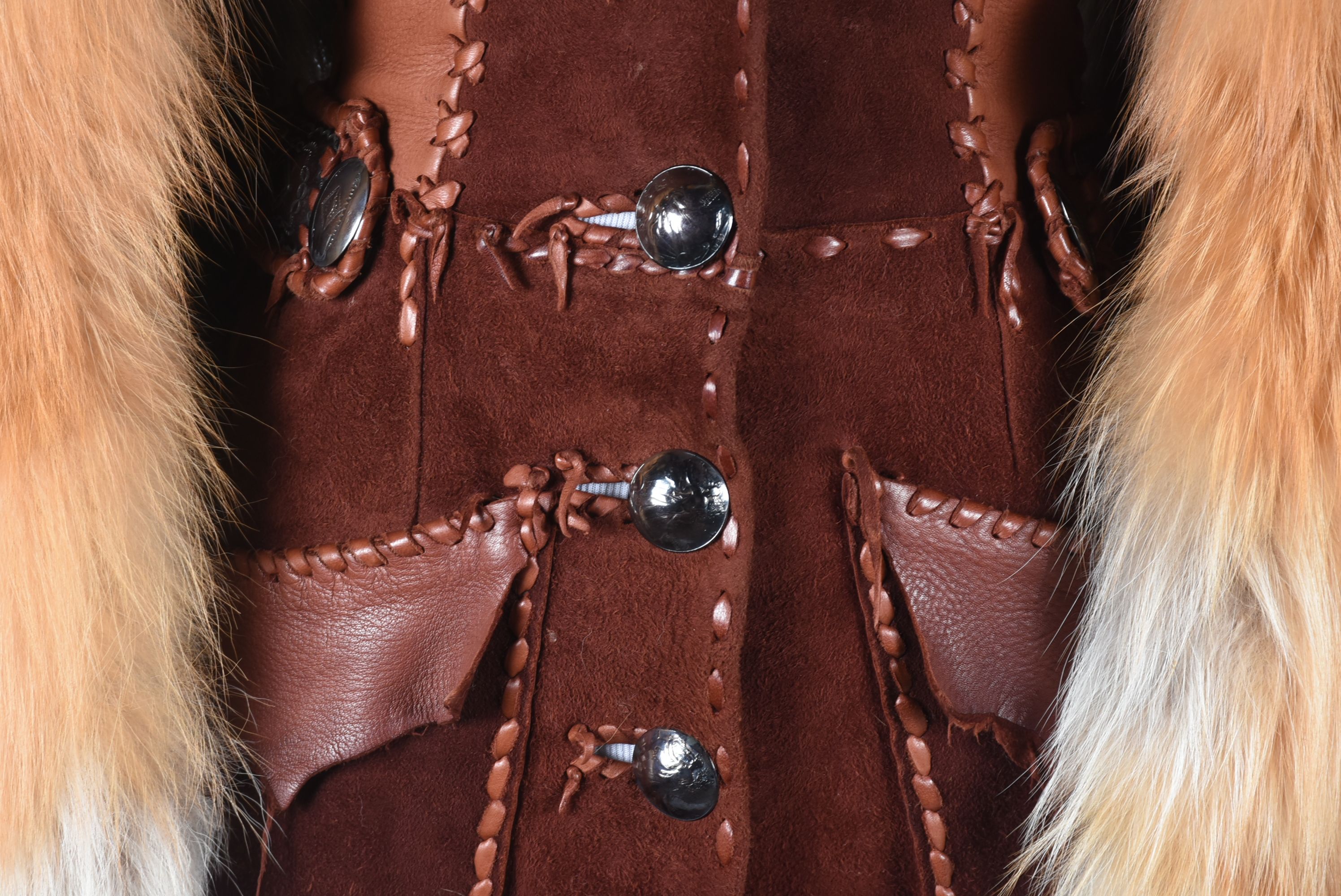 70s Vintage Gary Saxe Custom Made Suede, Leather and Dyed Fox Fur Coat Embellished with Beads