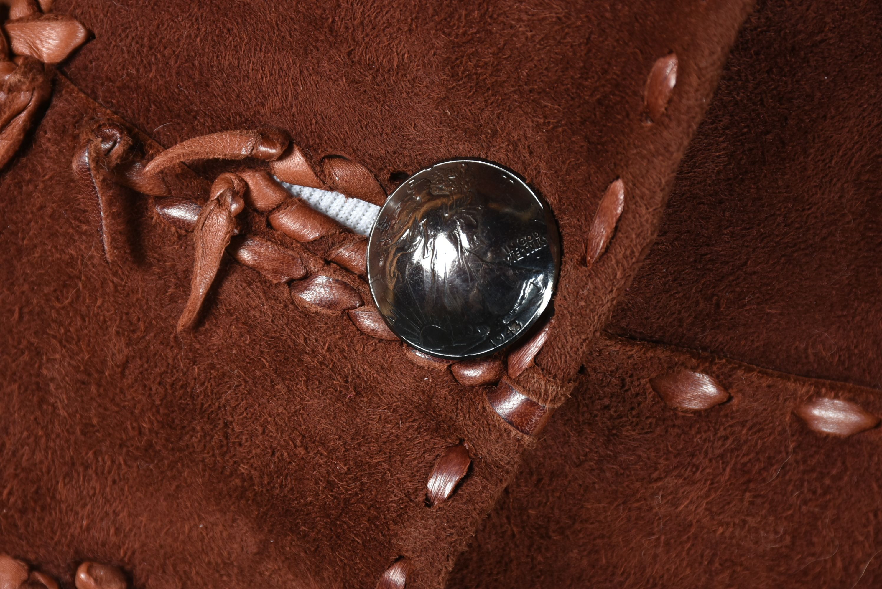 70s Vintage Gary Saxe Custom Made Suede, Leather and Dyed Fox Fur Coat Embellished with Beads