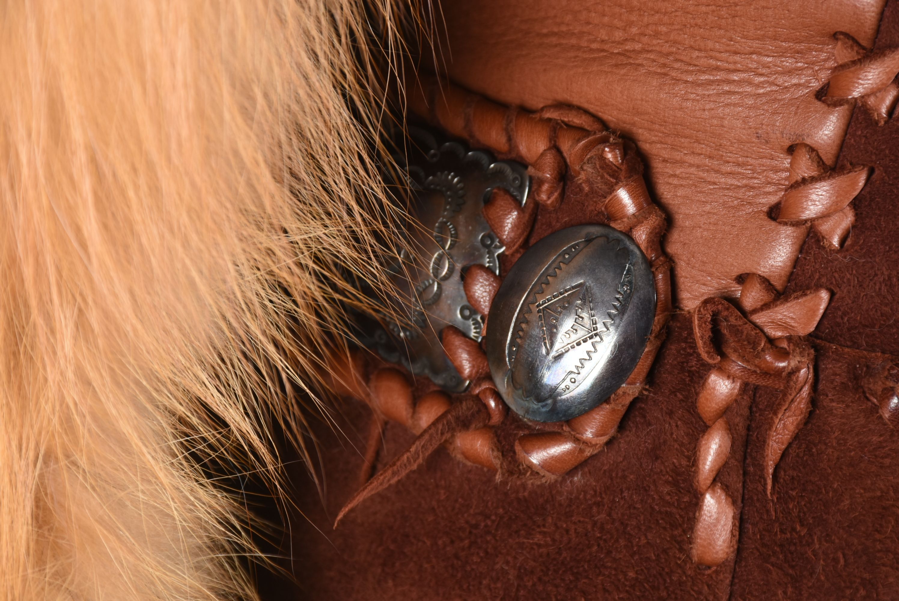 70s Vintage Gary Saxe Custom Made Suede, Leather and Dyed Fox Fur Coat Embellished with Beads
