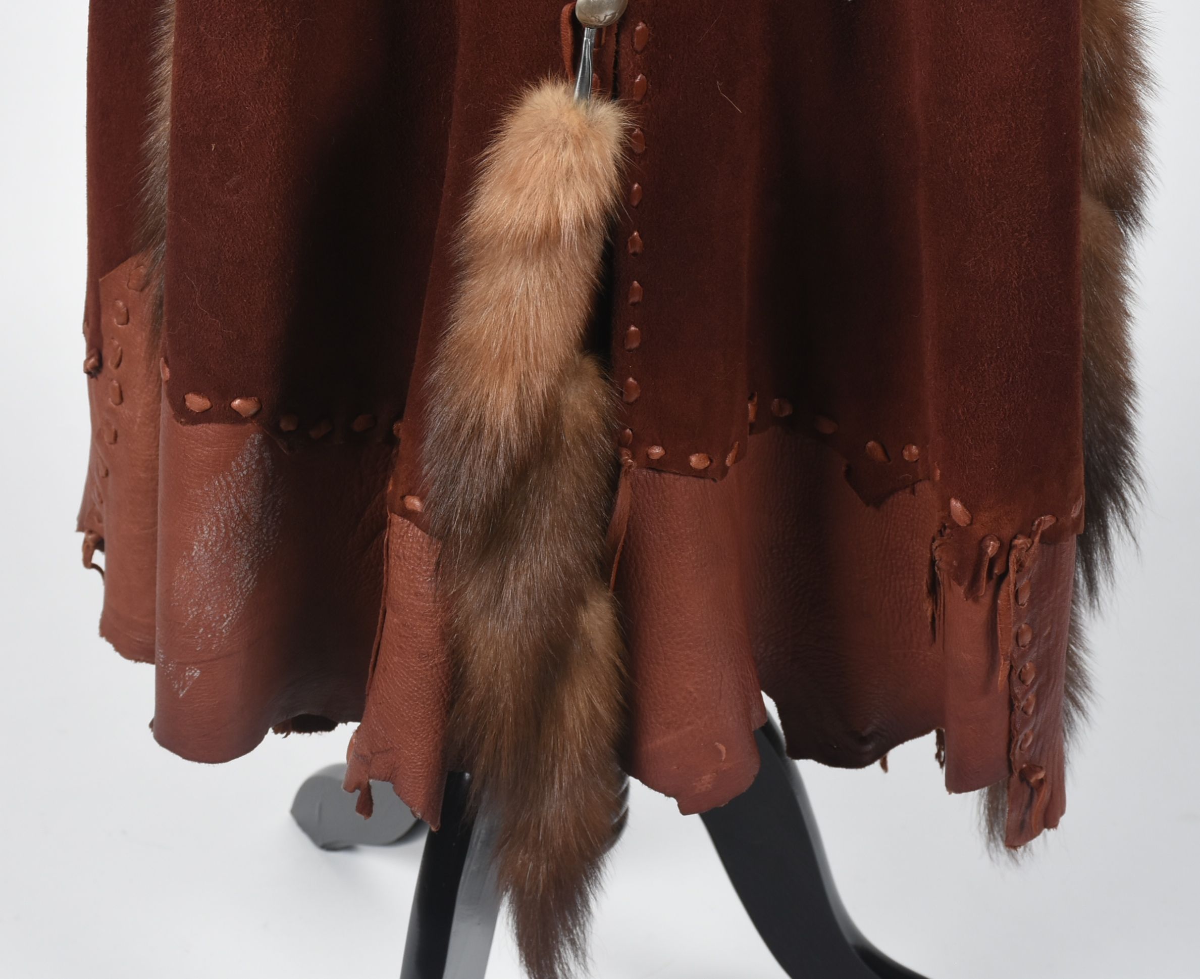 70s Vintage Gary Saxe Custom Made Suede, Leather and Dyed Fox Fur Coat Embellished with Beads