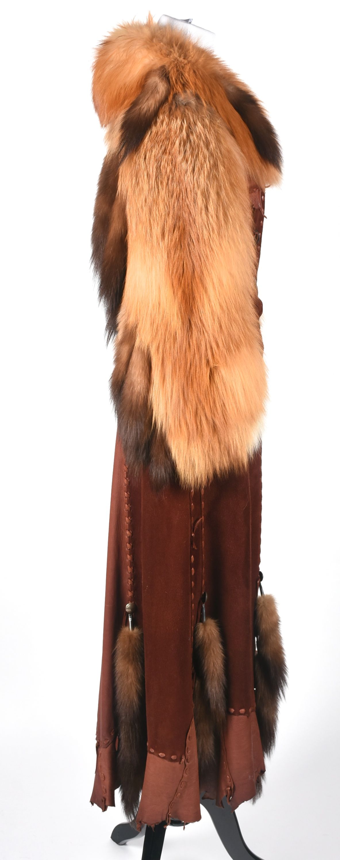 70s Vintage Gary Saxe Custom Made Suede, Leather and Dyed Fox Fur Coat Embellished with Beads