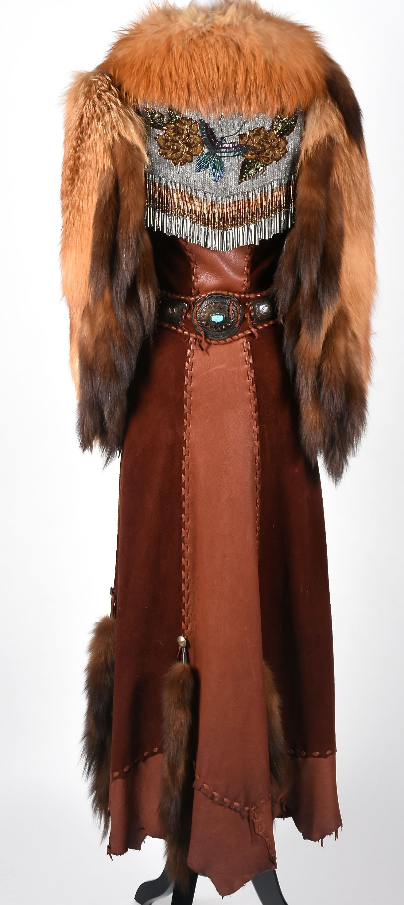 70s Vintage Gary Saxe Custom Made Suede, Leather and Dyed Fox Fur Coat Embellished with Beads