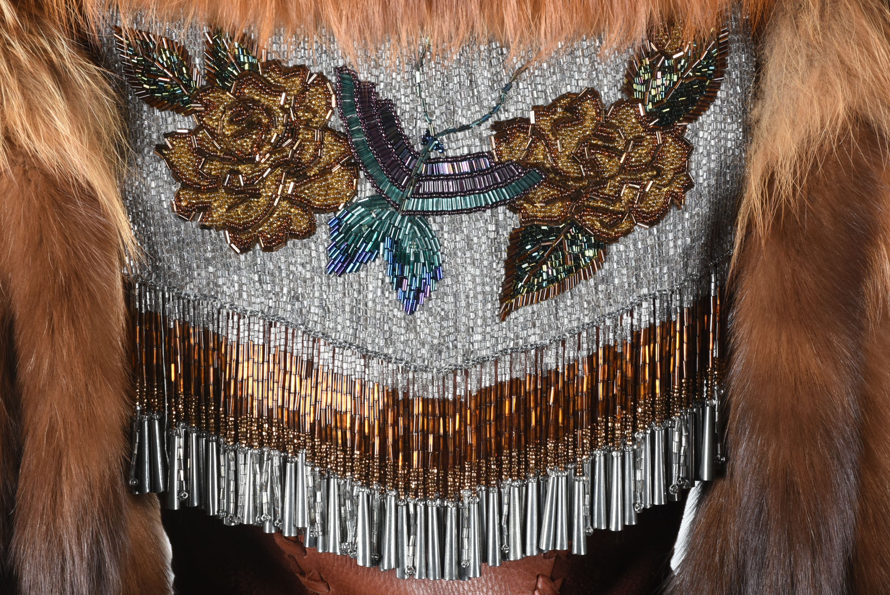 70s Vintage Gary Saxe Custom Made Suede, Leather and Dyed Fox Fur Coat Embellished with Beads