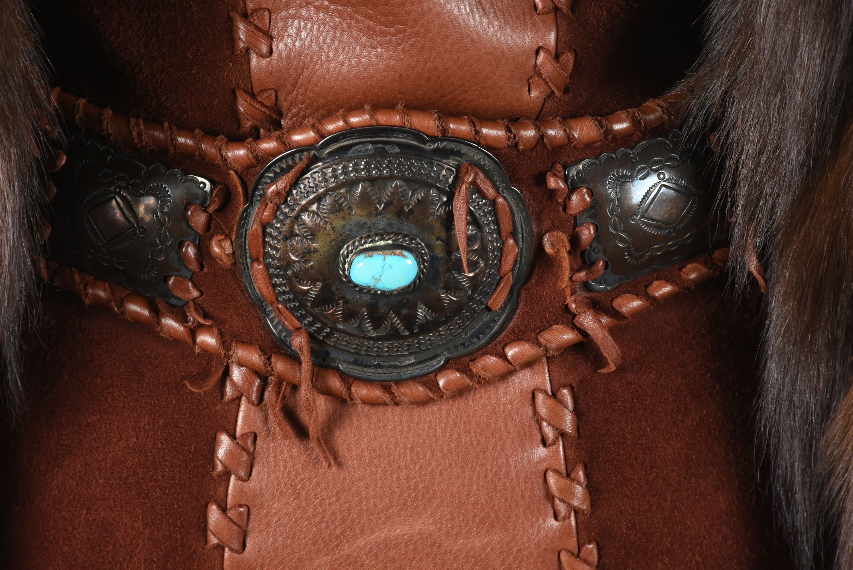 70s Vintage Gary Saxe Custom Made Suede, Leather and Dyed Fox Fur Coat Embellished with Beads