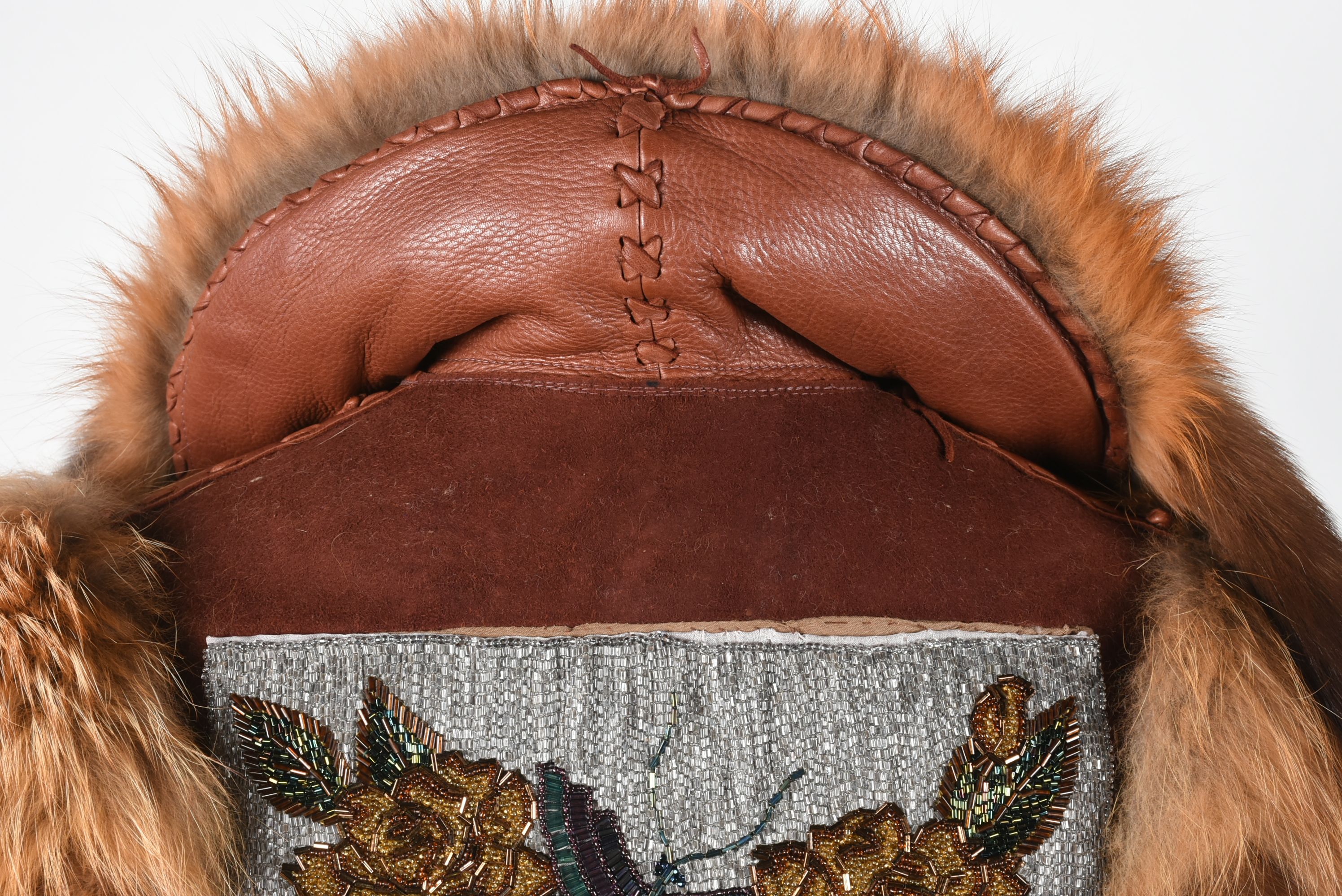 70s Vintage Gary Saxe Custom Made Suede, Leather and Dyed Fox Fur Coat Embellished with Beads