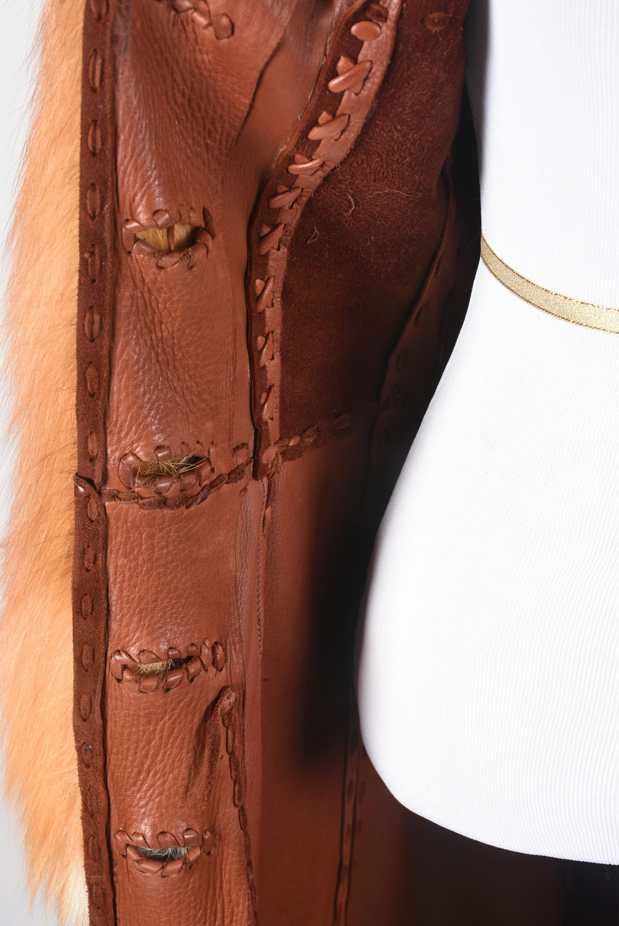 70s Vintage Gary Saxe Custom Made Suede, Leather and Dyed Fox Fur Coat Embellished with Beads