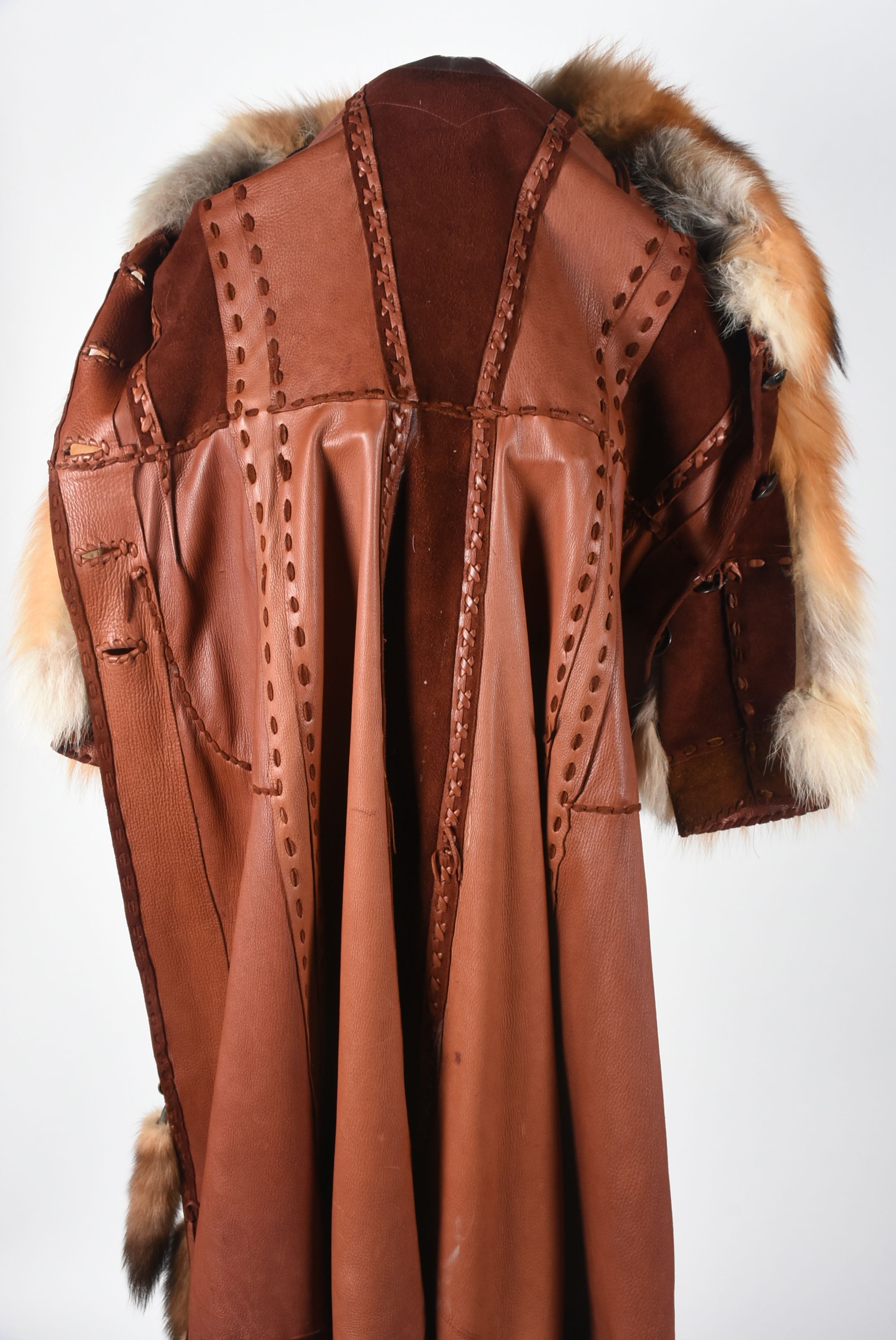 70s Vintage Gary Saxe Custom Made Suede, Leather and Dyed Fox Fur Coat Embellished with Beads