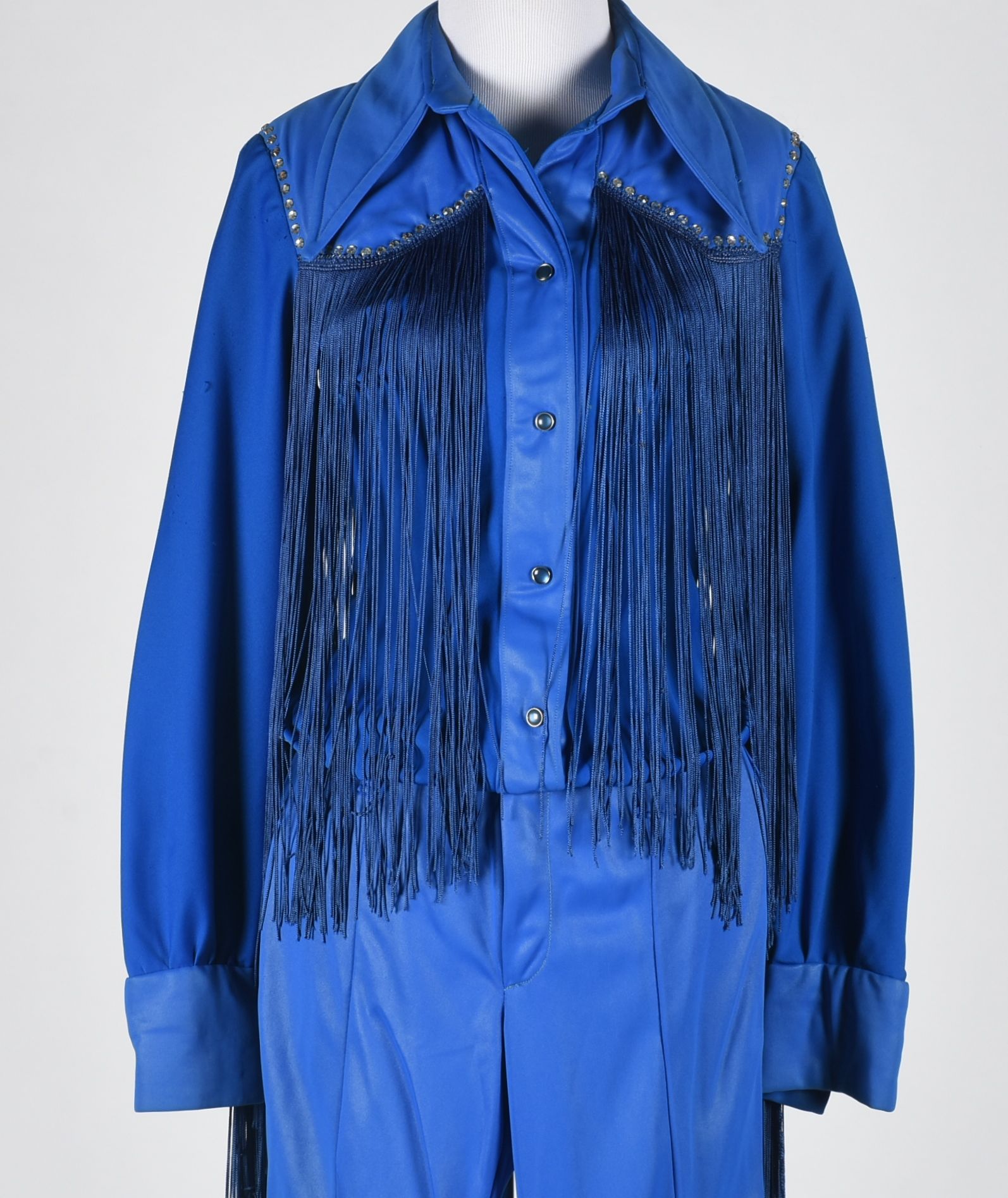 70s Vintage Western Dress Stage Ensemble in Blue with Fringe and Rhinestones