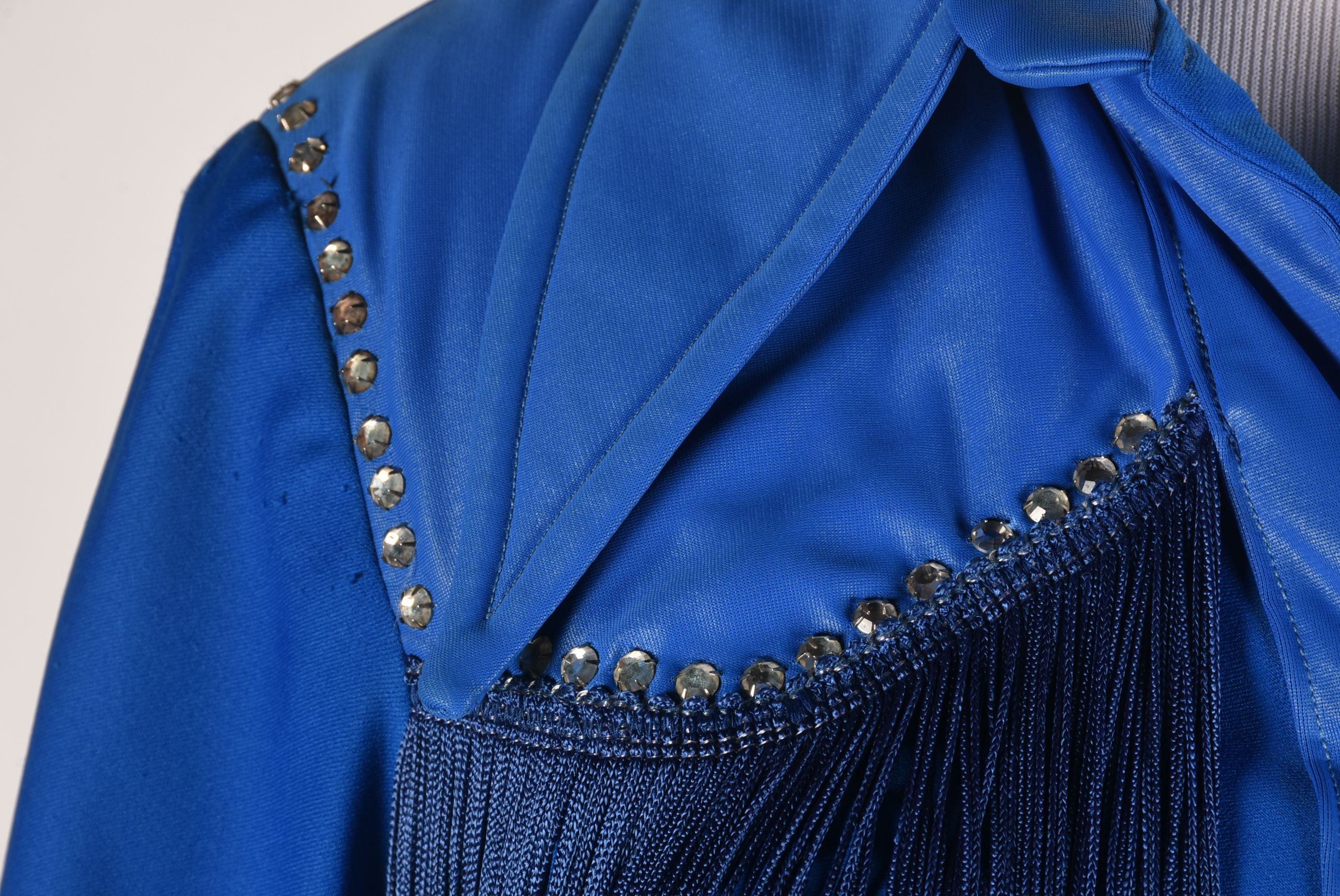 70s Vintage Western Dress Stage Ensemble in Blue with Fringe and Rhinestones