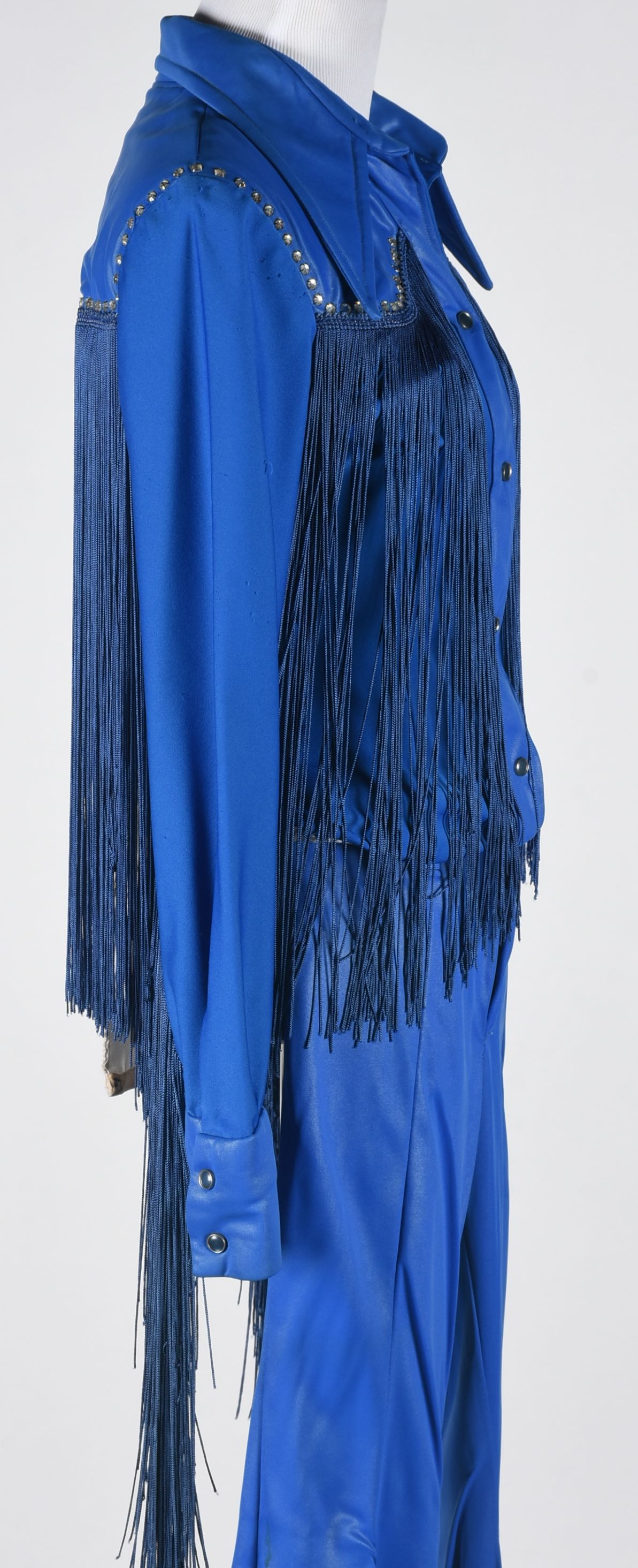 70s Vintage Western Dress Stage Ensemble in Blue with Fringe and Rhinestones