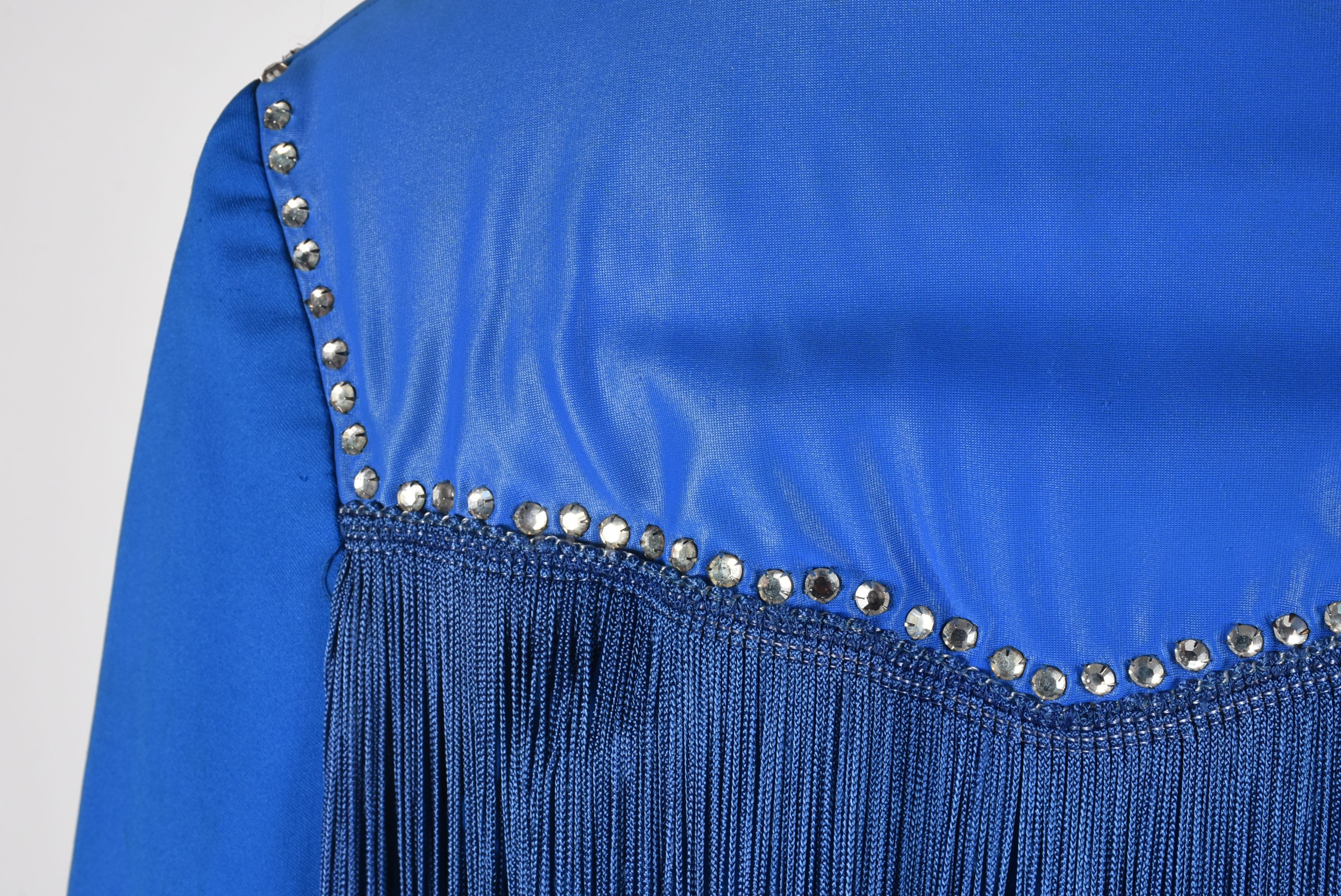 70s Vintage Western Dress Stage Ensemble in Blue with Fringe and Rhinestones