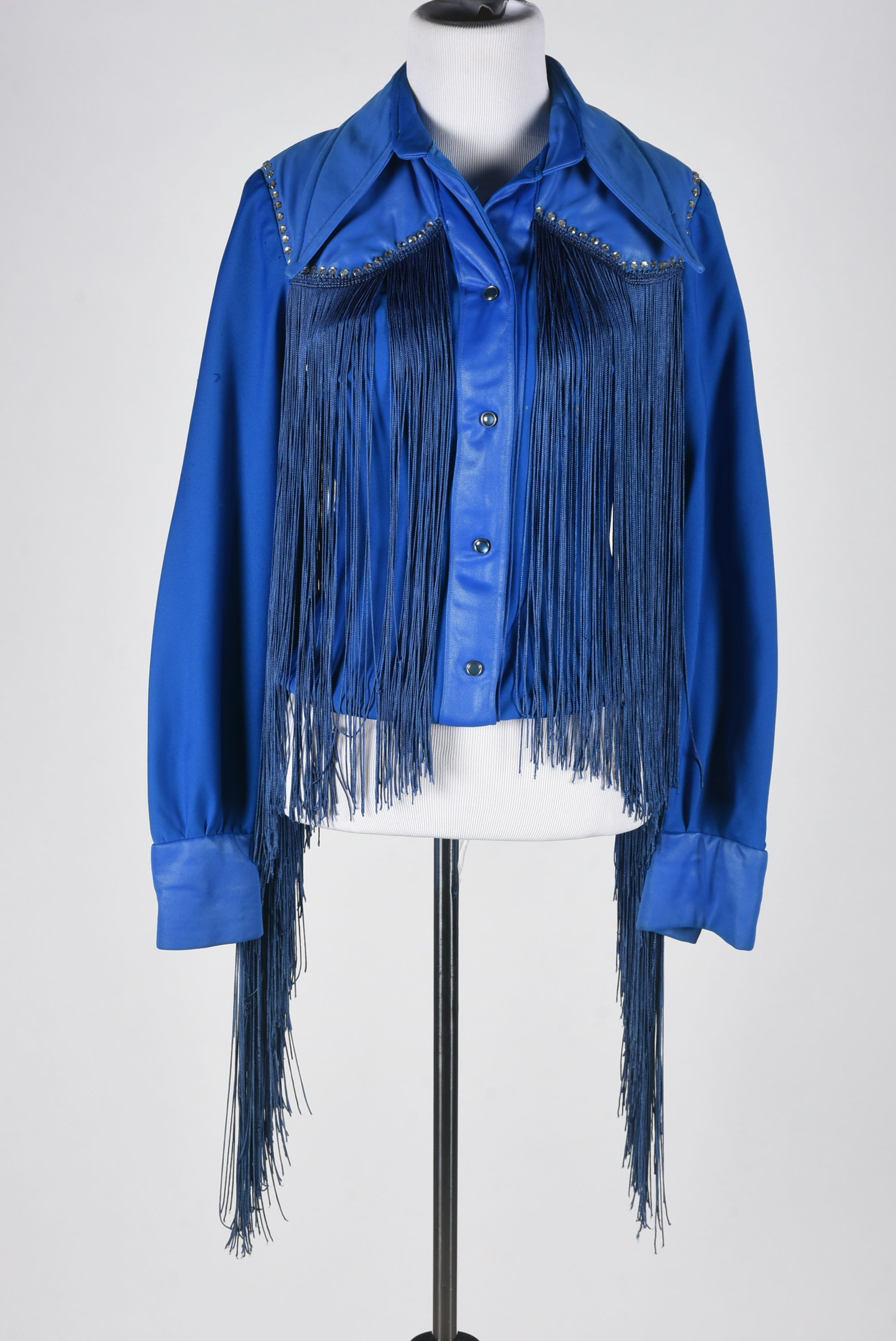70s Vintage Western Dress Stage Ensemble in Blue with Fringe and Rhinestones