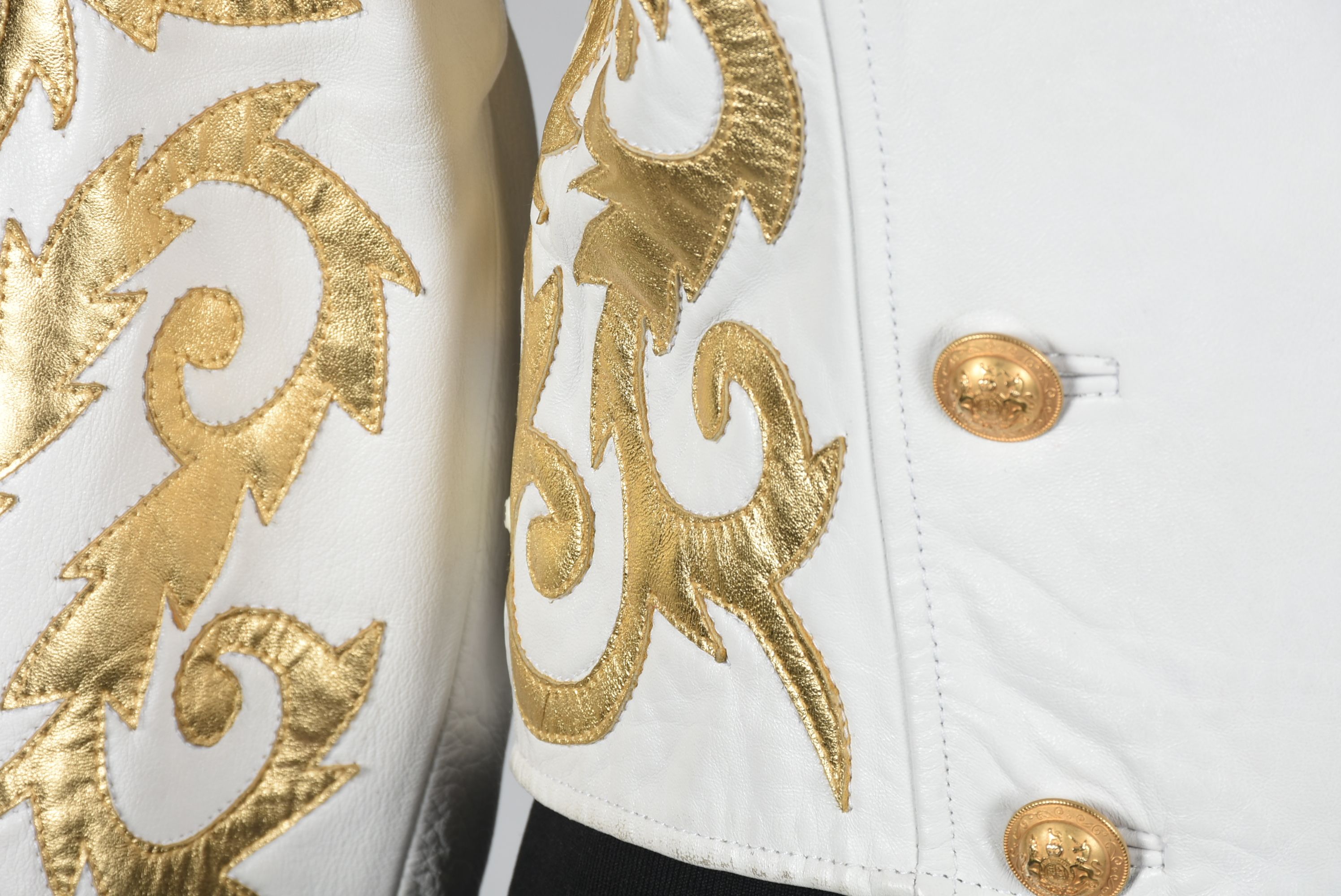 Michael Hoban of North Beach Leather White Leather Jacket with Gold Metallic Scrolls