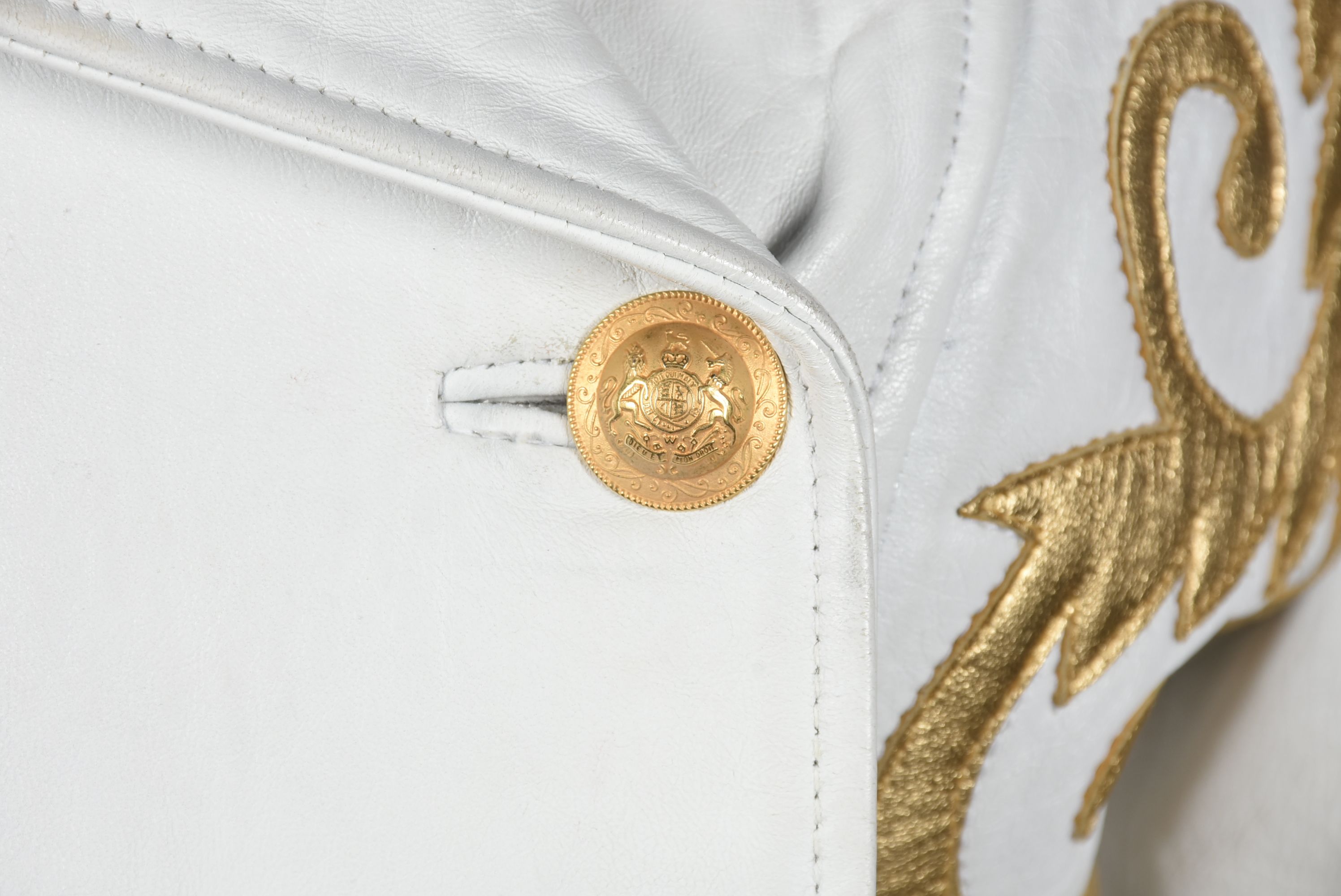 Michael Hoban of North Beach Leather White Leather Jacket with Gold Metallic Scrolls