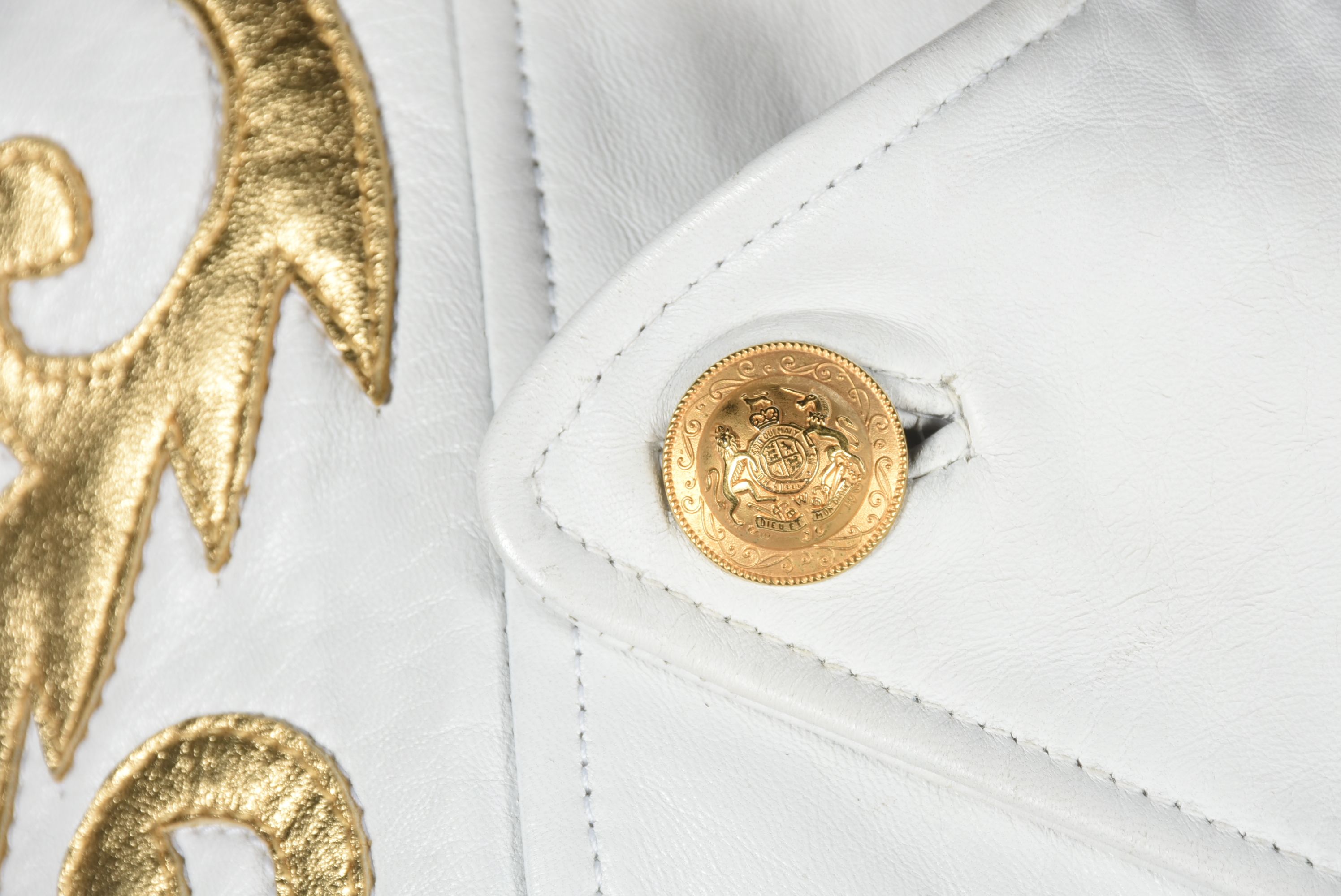 Michael Hoban of North Beach Leather White Leather Jacket with Gold Metallic Scrolls