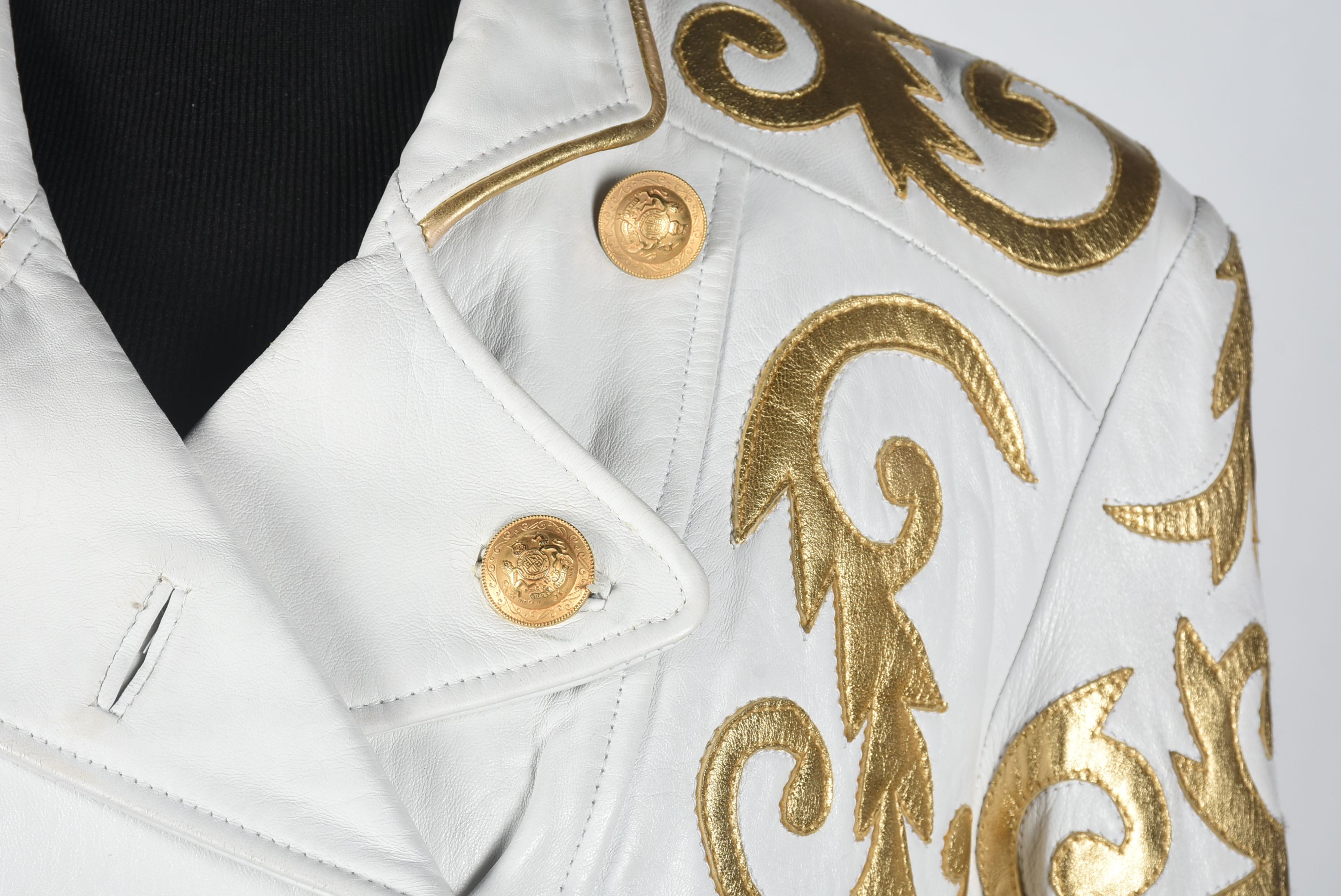 Michael Hoban of North Beach Leather White Leather Jacket with Gold Metallic Scrolls