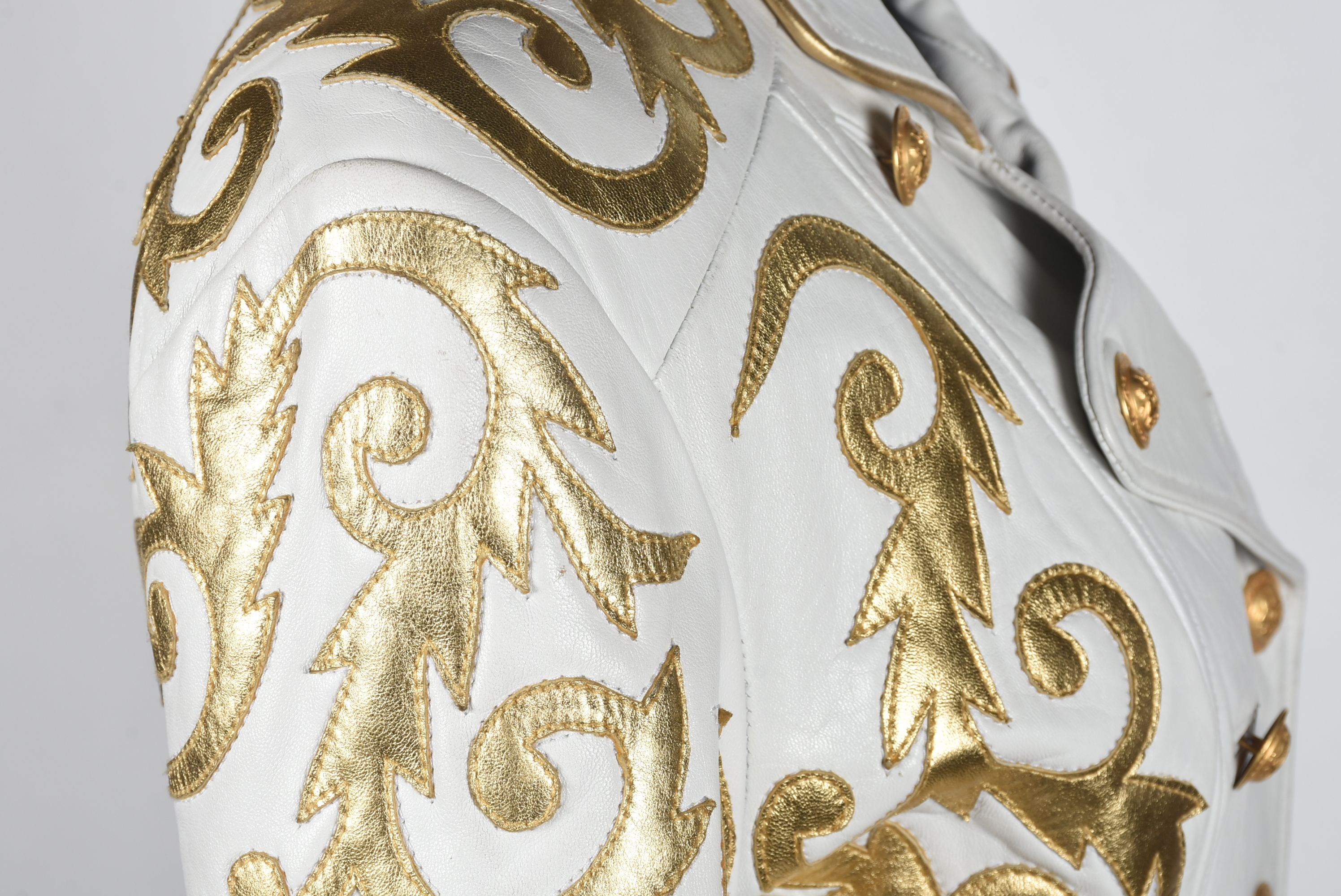 Michael Hoban of North Beach Leather White Leather Jacket with Gold Metallic Scrolls
