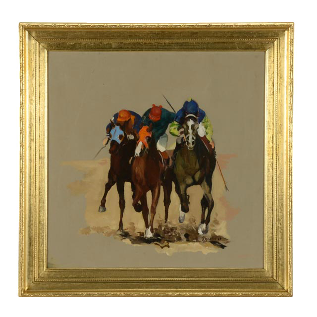Shrader Vintage Acrylic on Board Horse and Jockey Painting