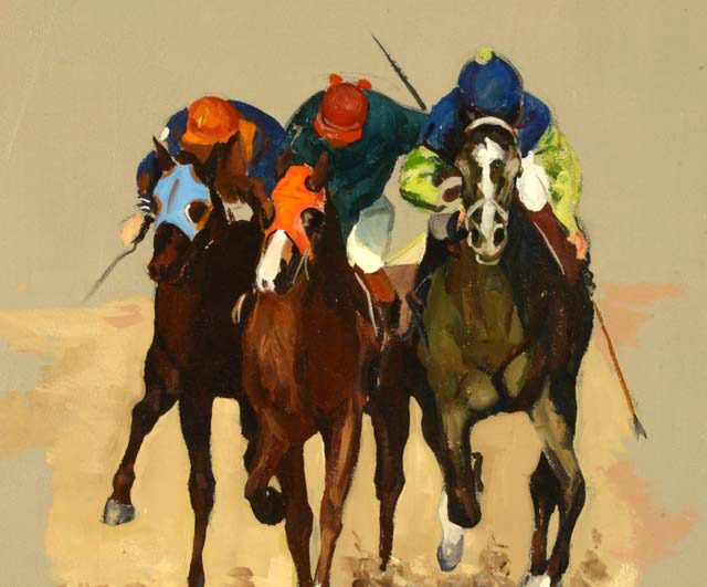 Shrader Vintage Acrylic on Board Horse and Jockey Painting