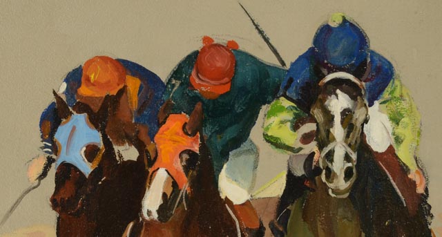 Shrader Vintage Acrylic on Board Horse and Jockey Painting