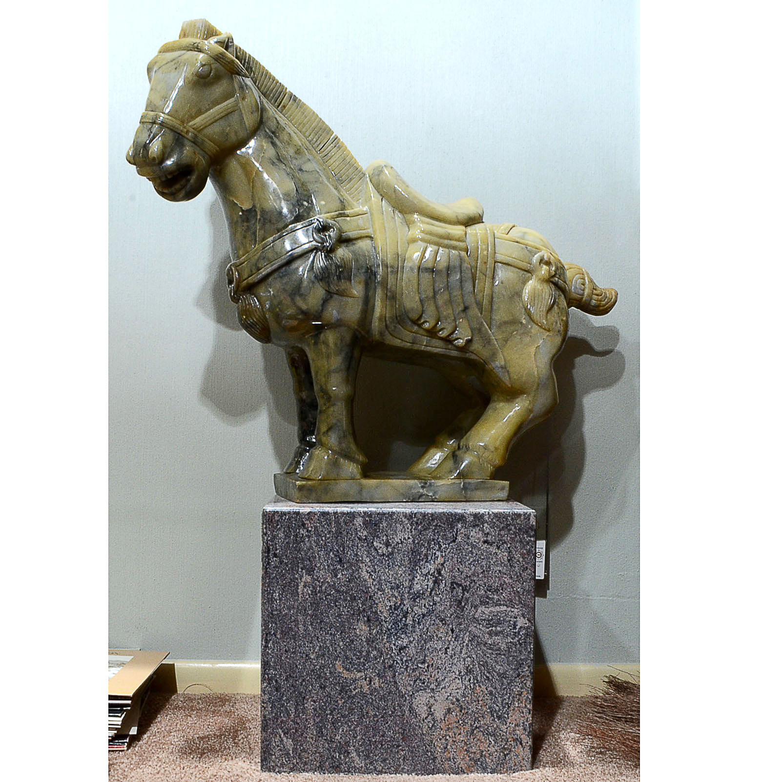 Tang Dynasty Style Jade Horse Sculpture on Marble Plinth