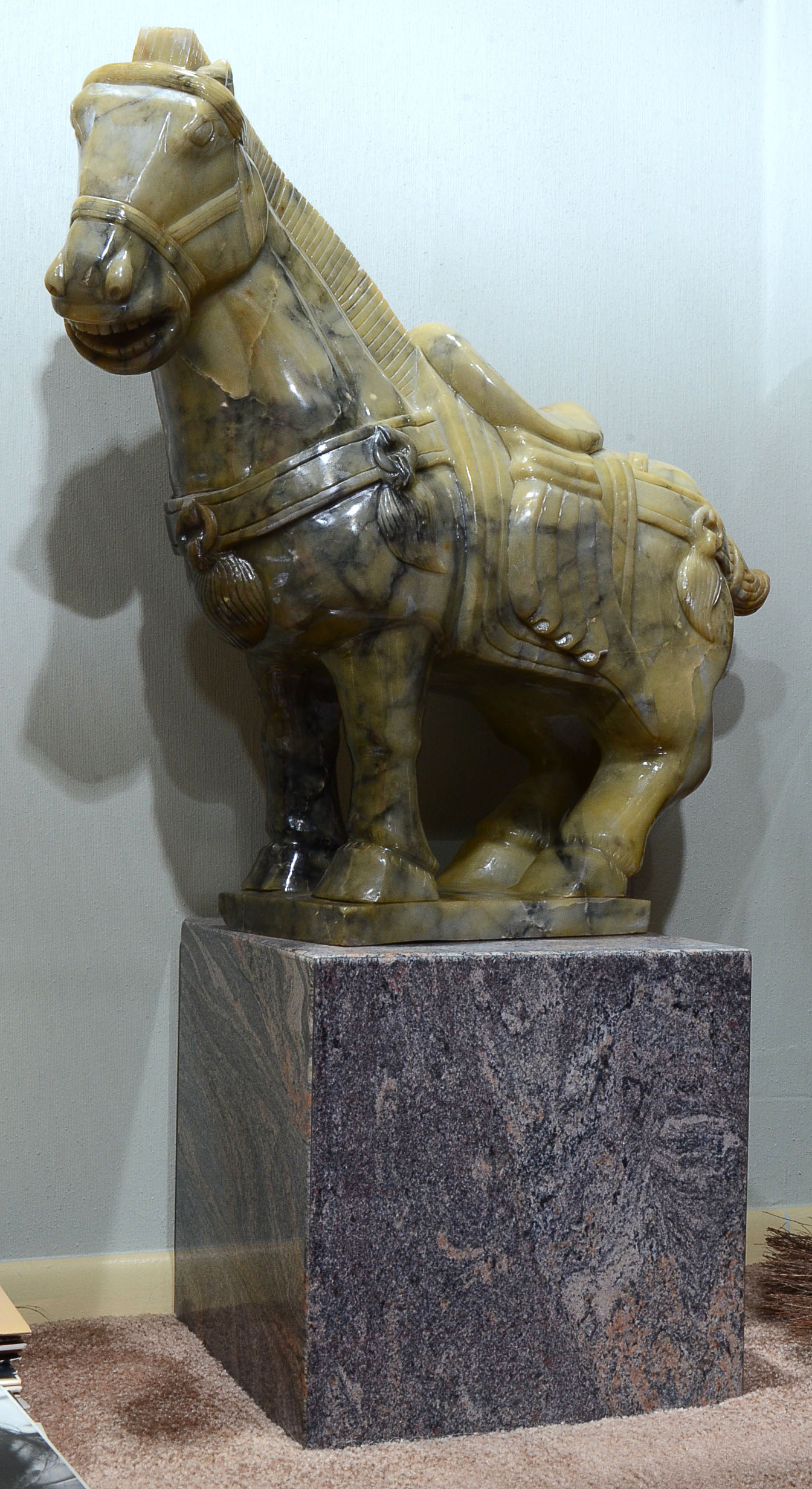 Tang Dynasty Style Jade Horse Sculpture on Marble Plinth