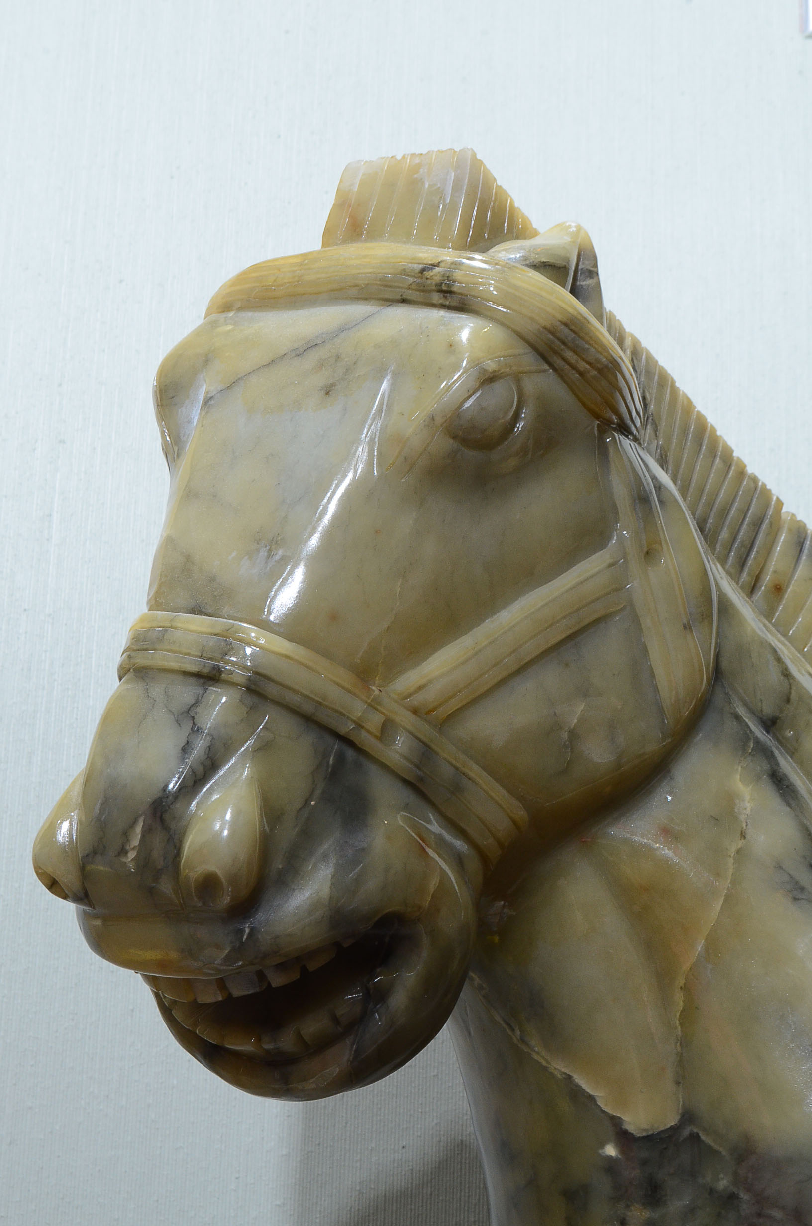 Tang Dynasty Style Jade Horse Sculpture on Marble Plinth
