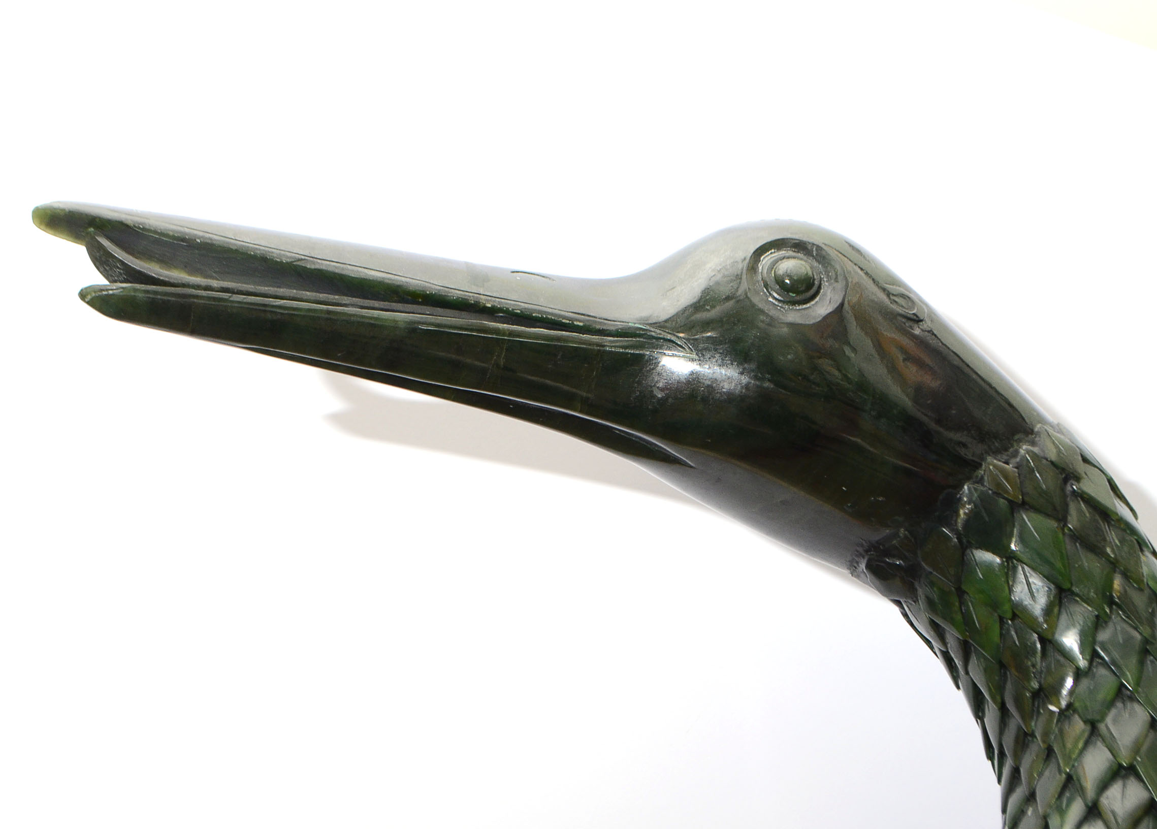 Large Jadeite Crane Sculpture on Wooden Plinth