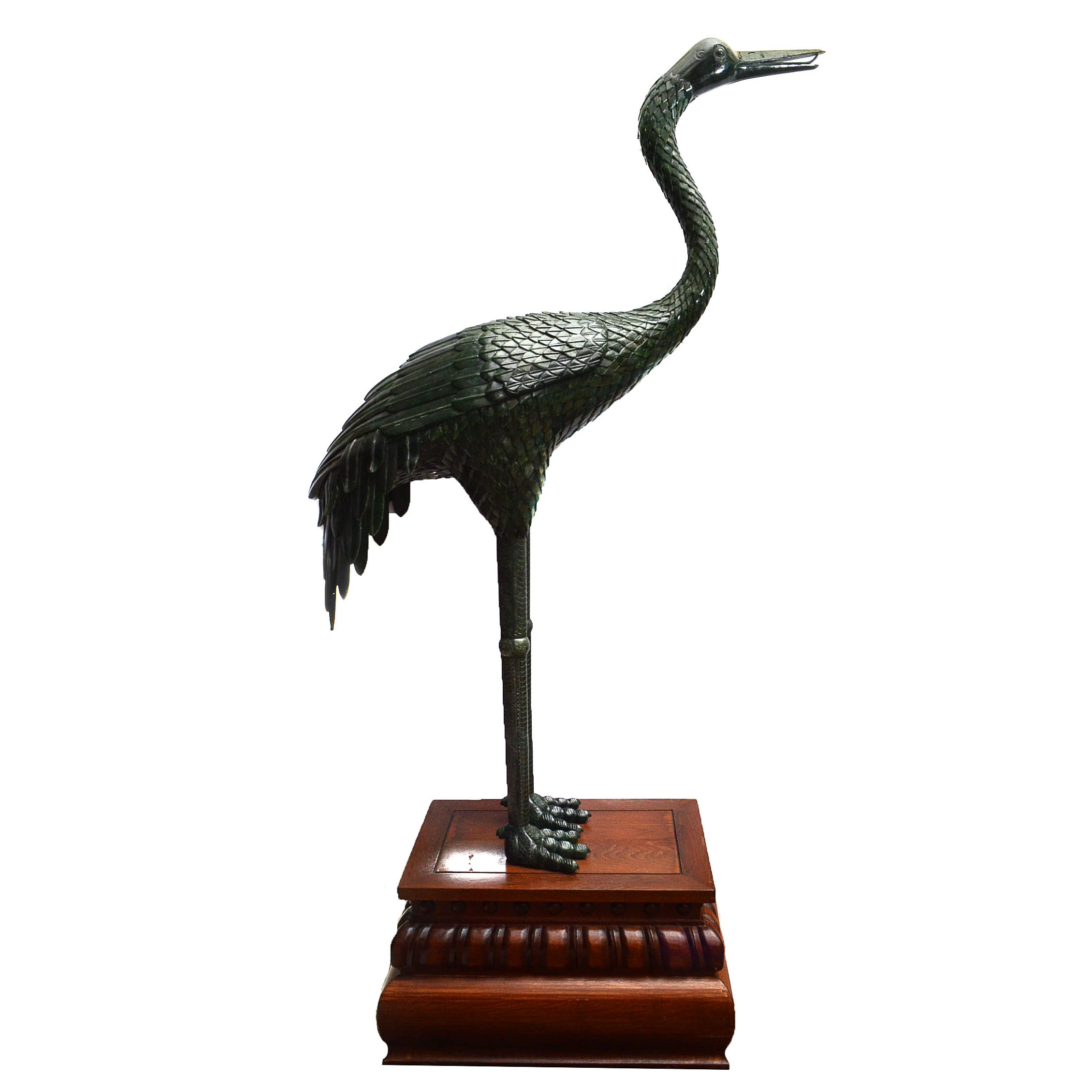 Large Jadeite Crane Sculpture on Wooden Plinth
