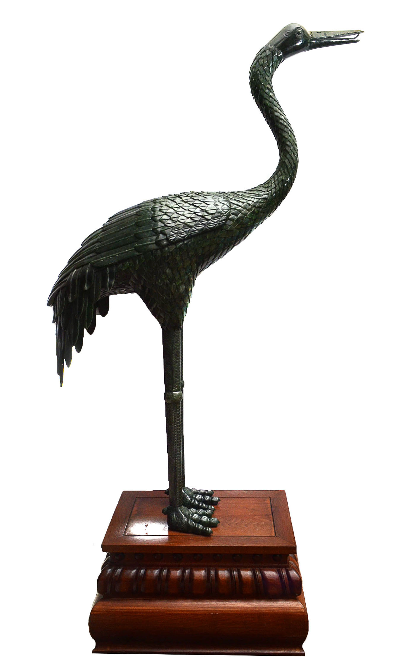 Large Jadeite Crane Sculpture on Wooden Plinth