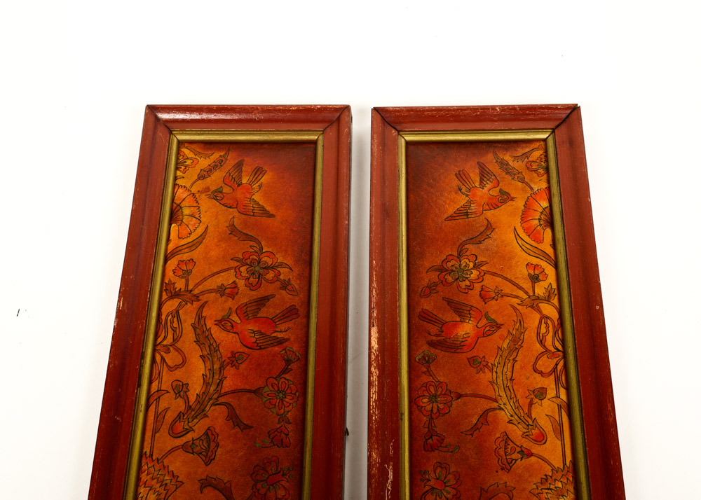 Pair of Painted and Embossed Leather Art