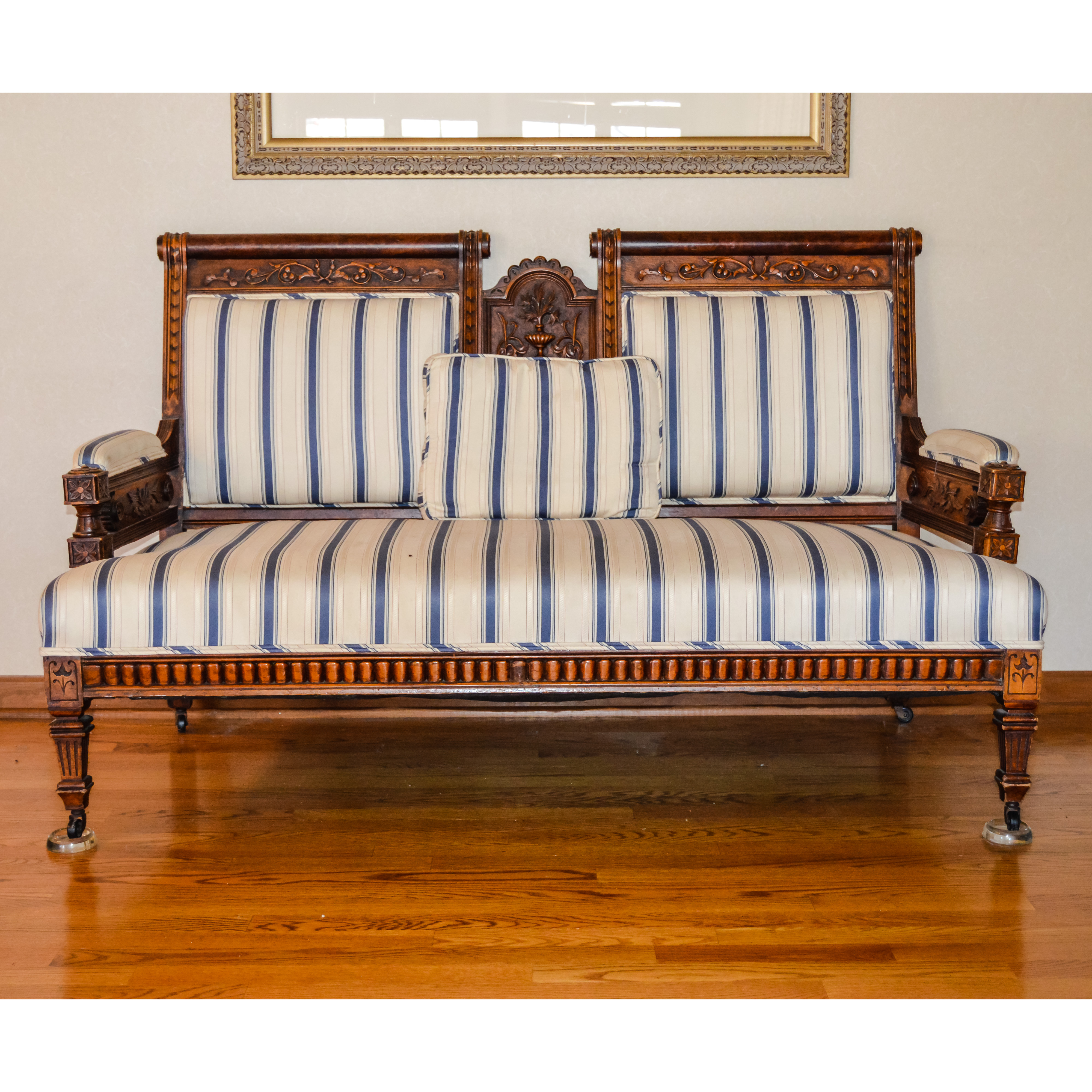 Antique Eastlake Settee in Cream and Blue Stripes