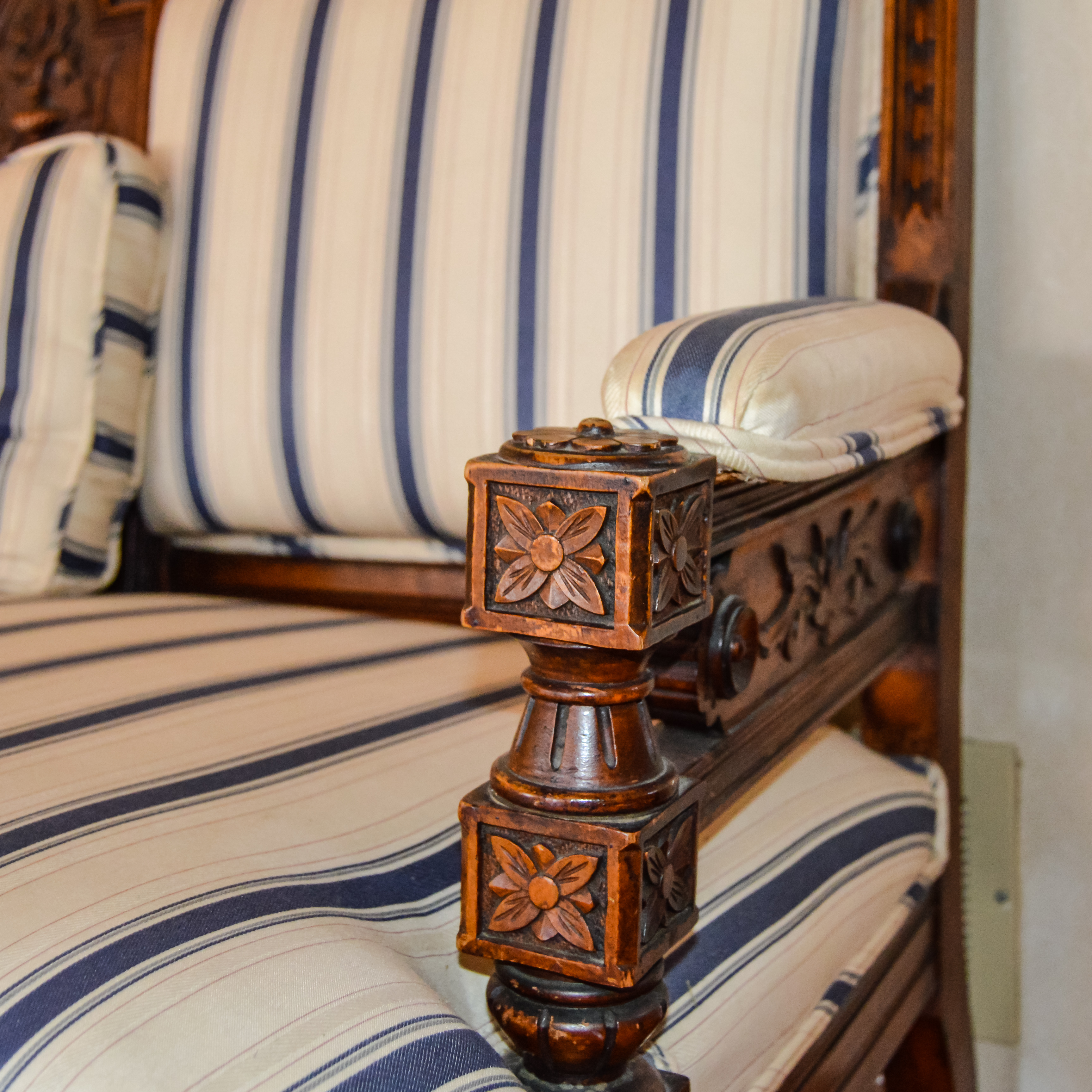 Antique Eastlake Settee in Cream and Blue Stripes