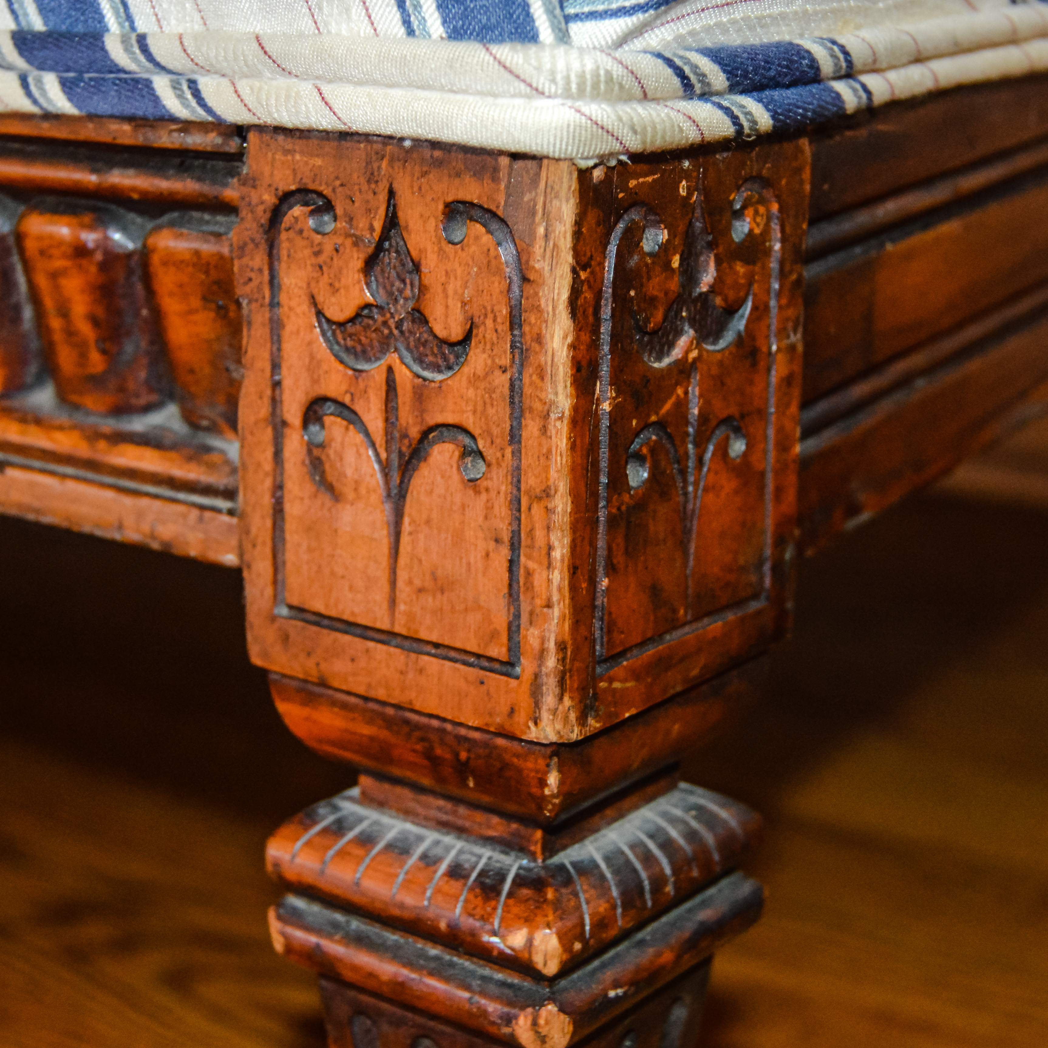 Antique Eastlake Settee in Cream and Blue Stripes