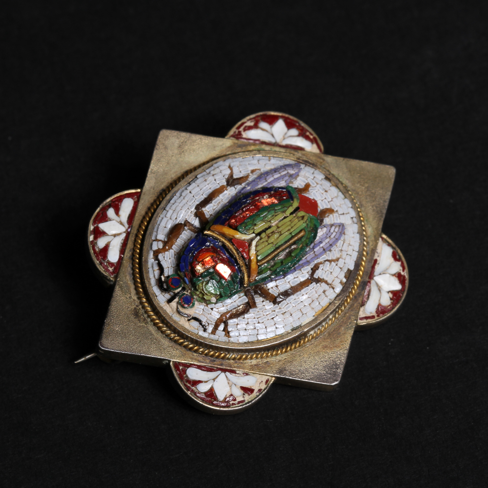 Victorian Micro Mosaic Beetle Mourning Brooch