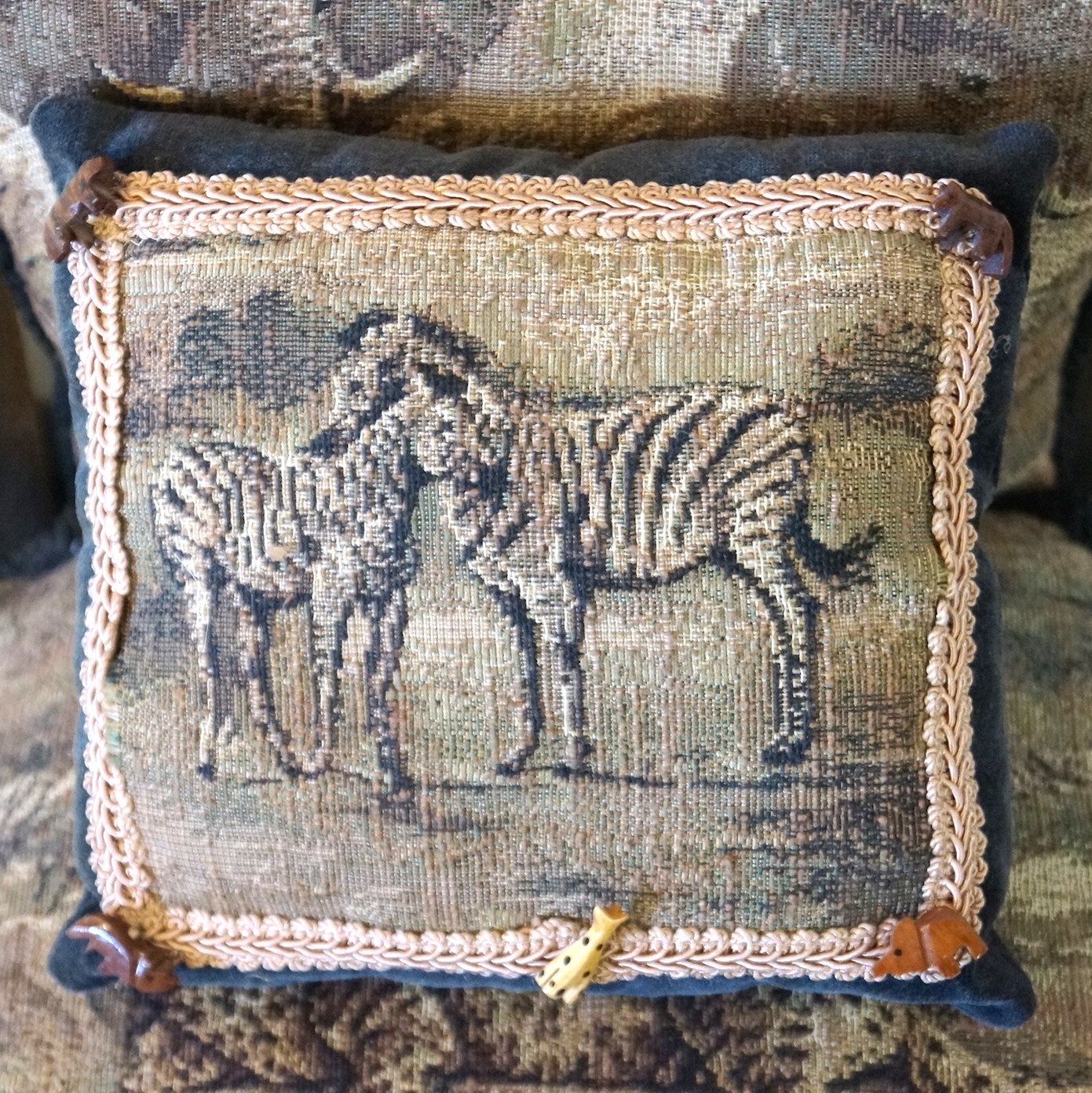 Wood Chair with Safari Themed Upholstery and Pillows