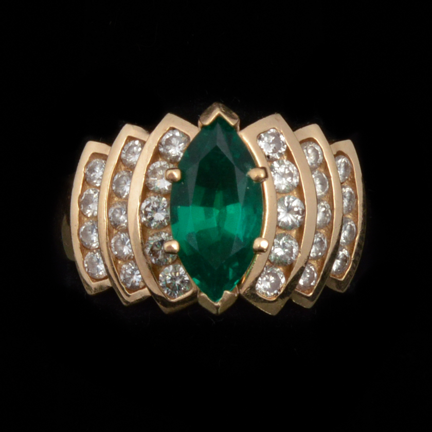 14K Yellow Gold Lab Created Emerald and Natural Diamond Ring