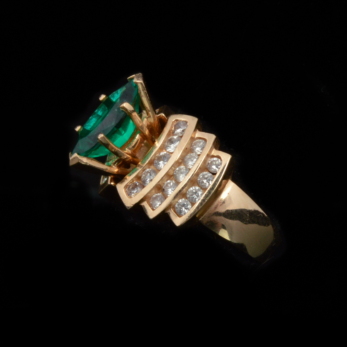 14K Yellow Gold Lab Created Emerald and Natural Diamond Ring