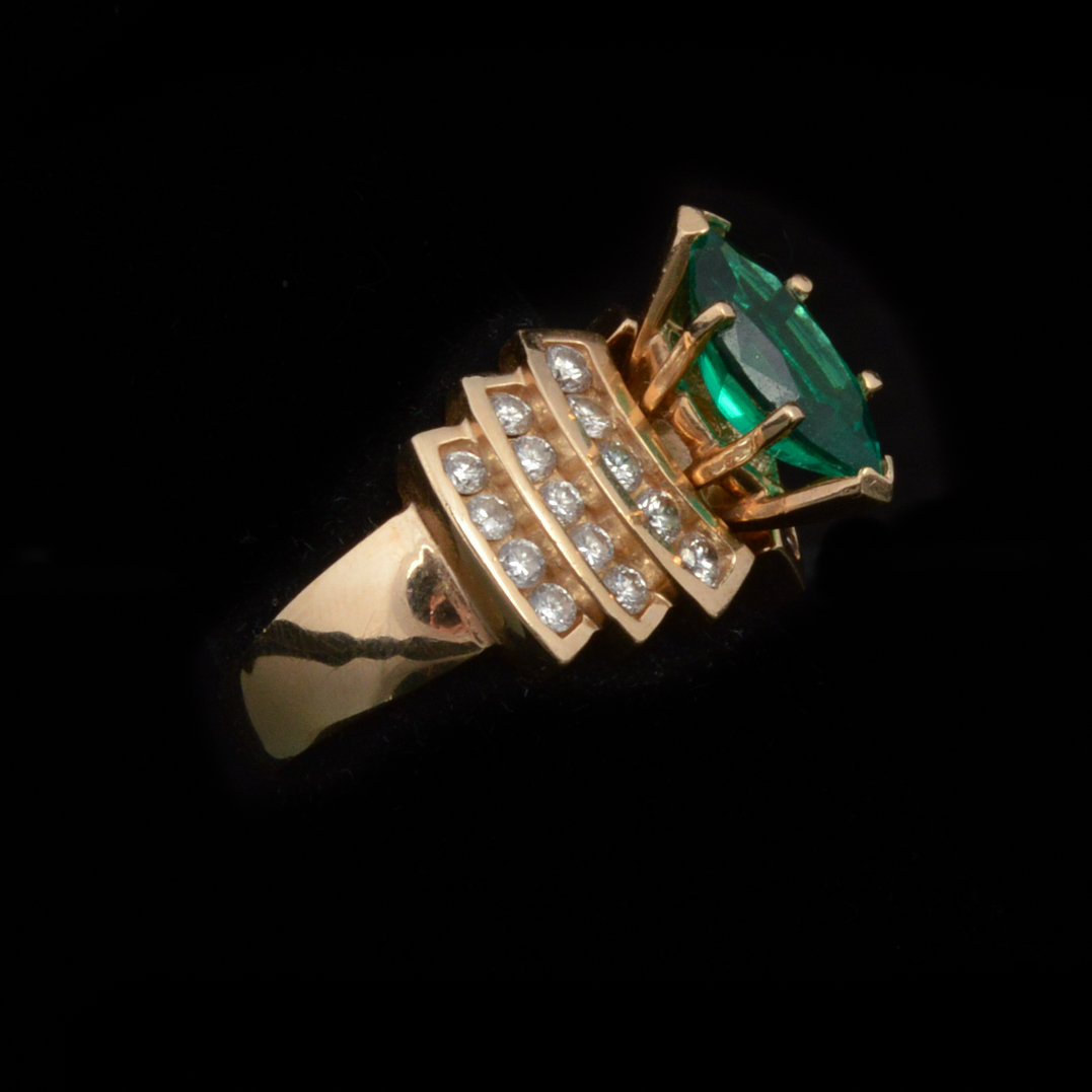 14K Yellow Gold Lab Created Emerald and Natural Diamond Ring