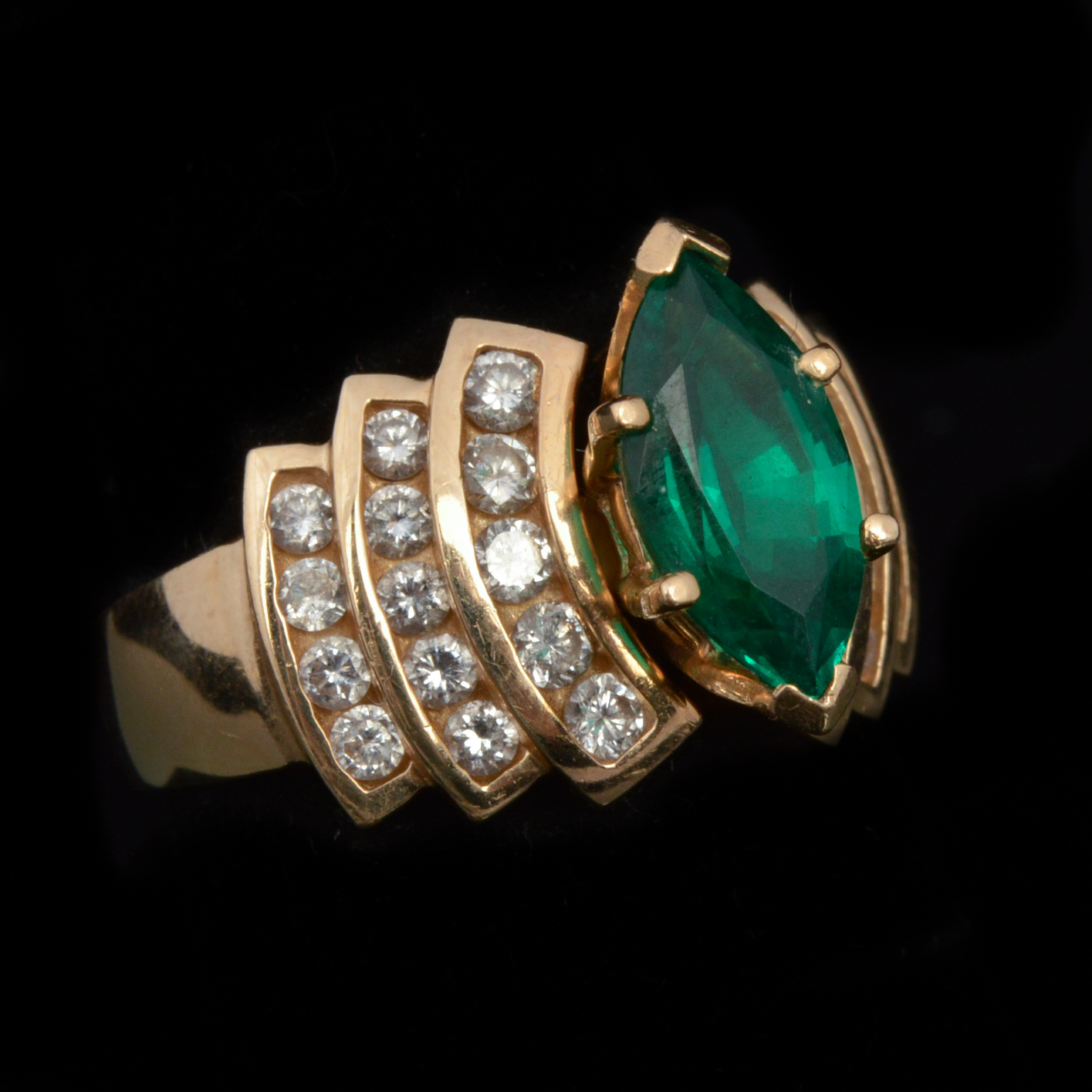 14K Yellow Gold Lab Created Emerald and Natural Diamond Ring