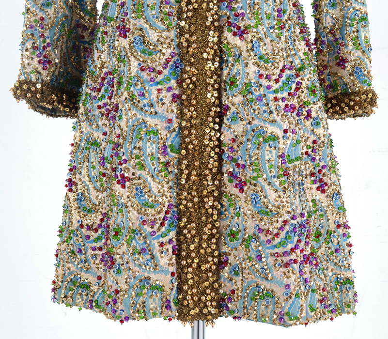 Early 1970s Victoria Royal Ltd. Beaded Brocade Evening Dress