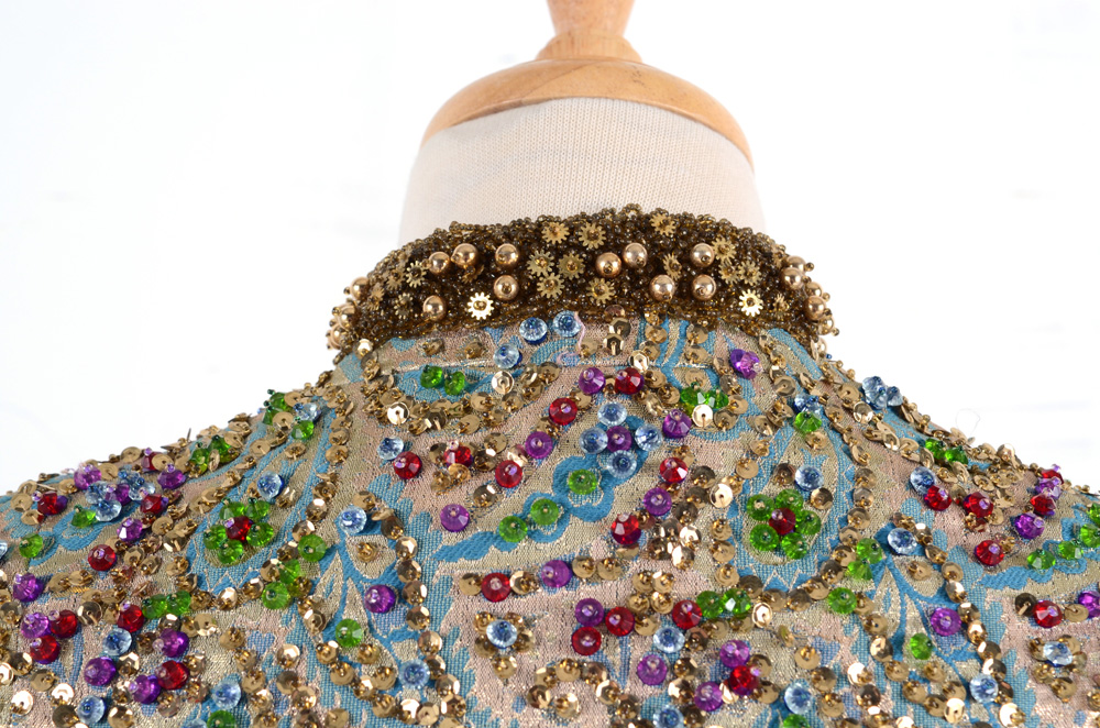 Early 1970s Victoria Royal Ltd. Beaded Brocade Evening Dress