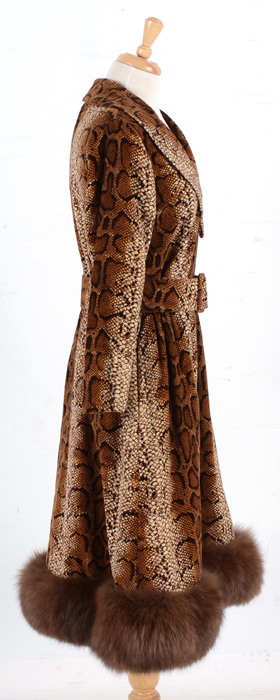 Women's 1970s Snake Print Velveteen Dress with Sable Fur Trim