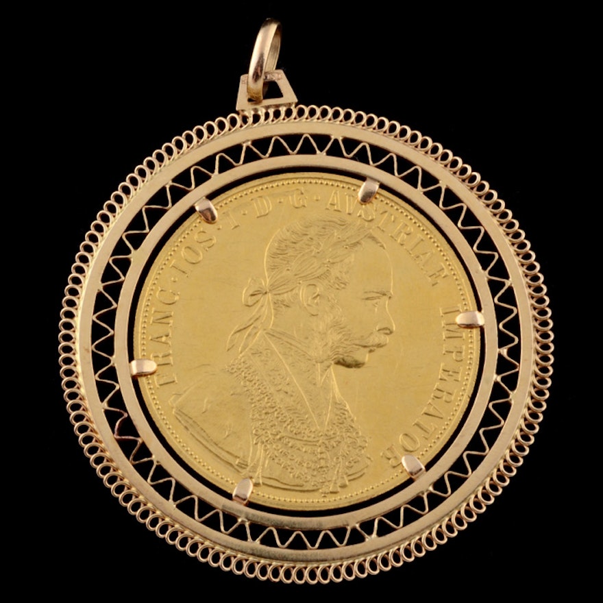 24K Gold 1915 Austria Gold Ducat Coin Pendant with 18K Openwork Frame